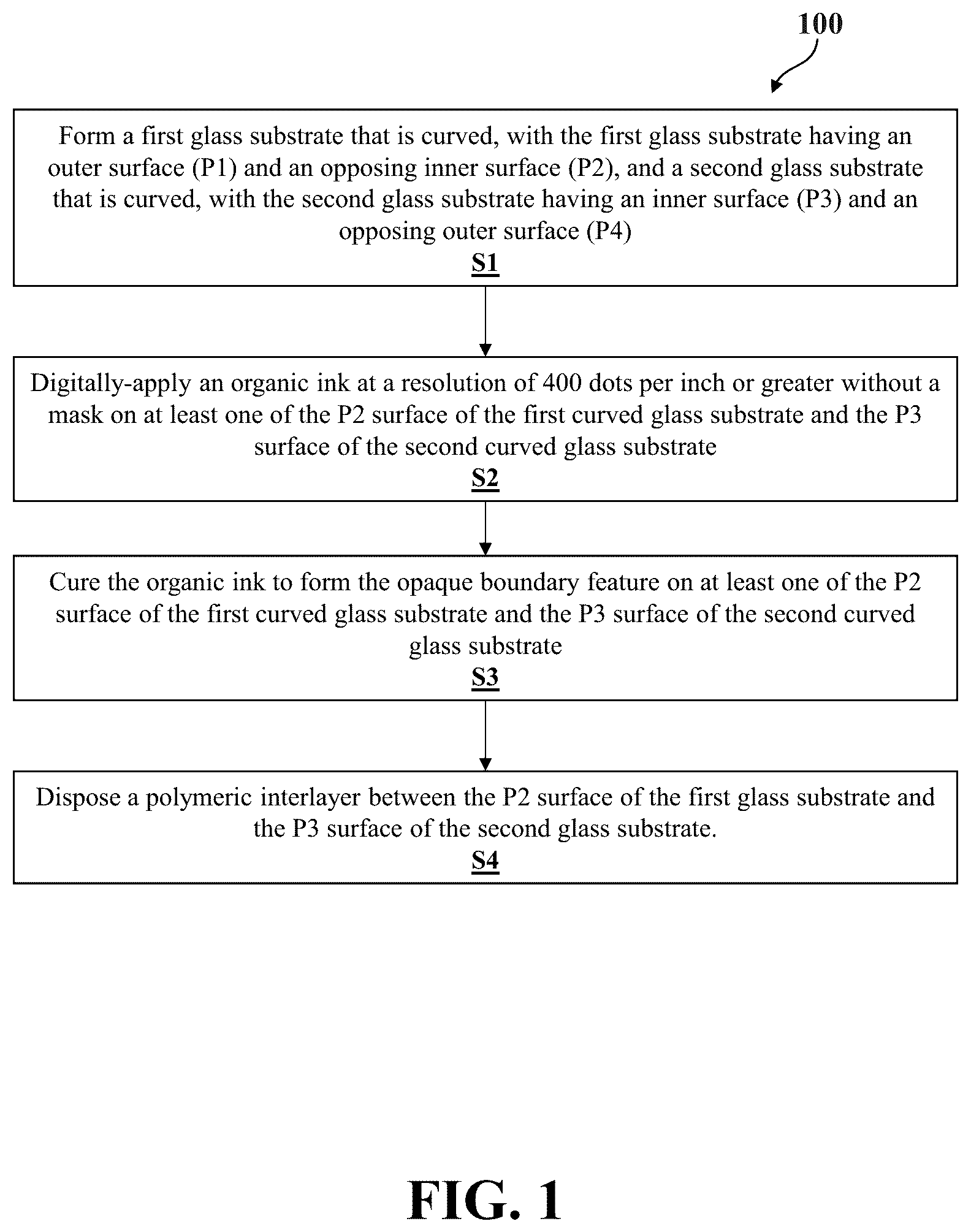 Patent US12090729 Figure 1 – Glass assembly including an opaque boundary feature and method of manufacturing thereof