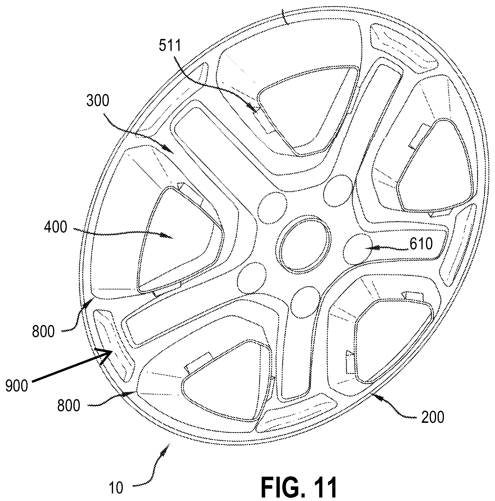 Patent US12090788 Figure 11 – Flexible wheel cover overlay with extended surround