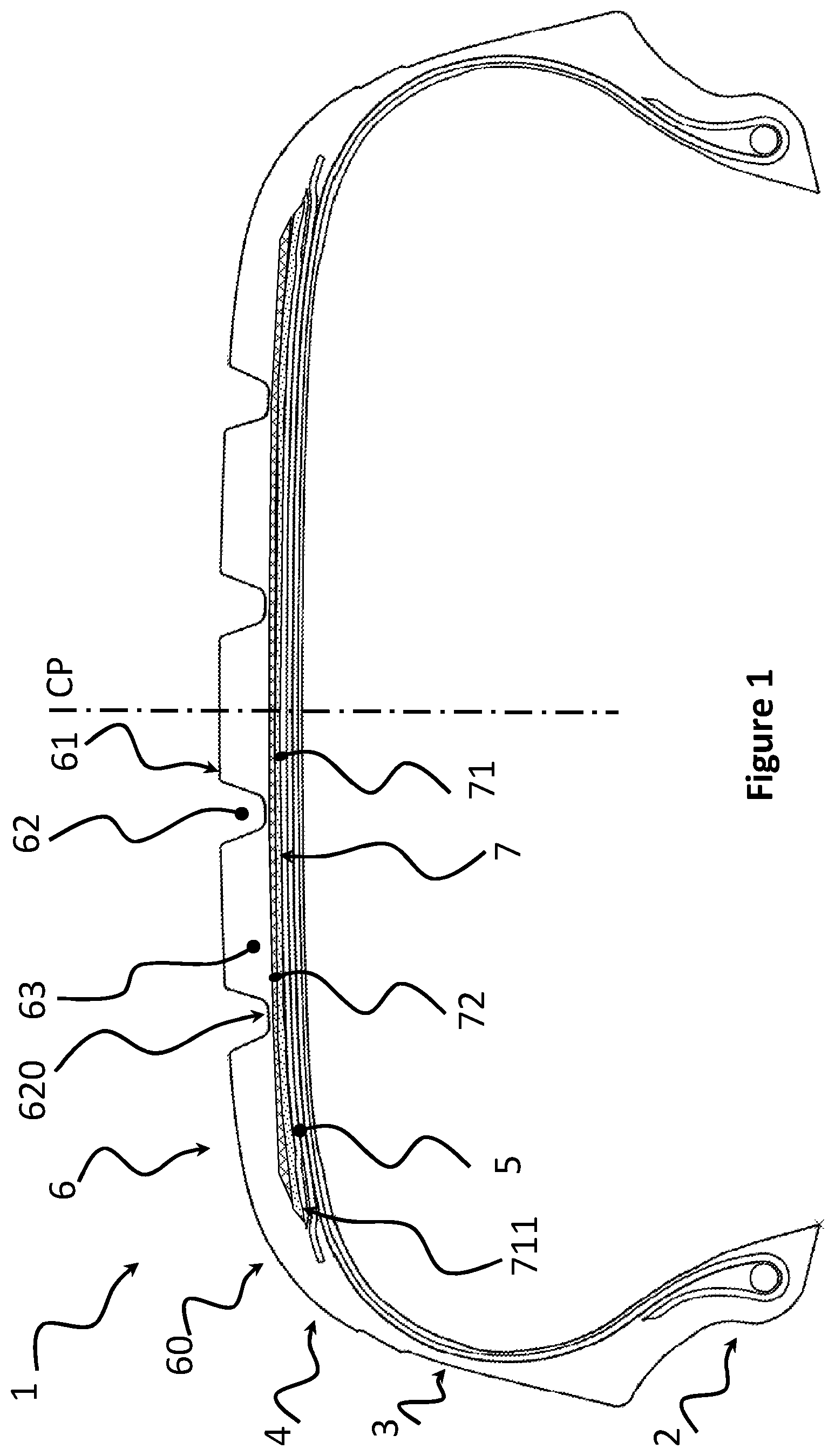 Patent US12090790 Figure 1 – Tire with a tread sub-layer containing multiple materials