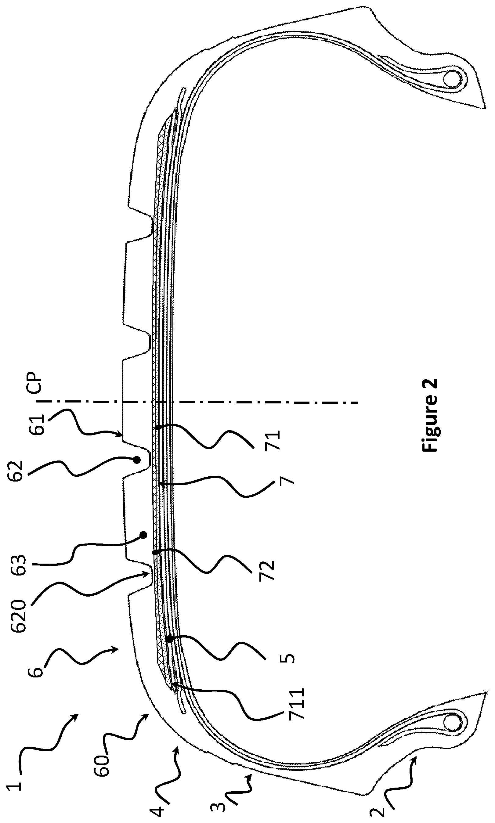 Patent US12090790 Figure 2 – Tire with a tread sub-layer containing multiple materials