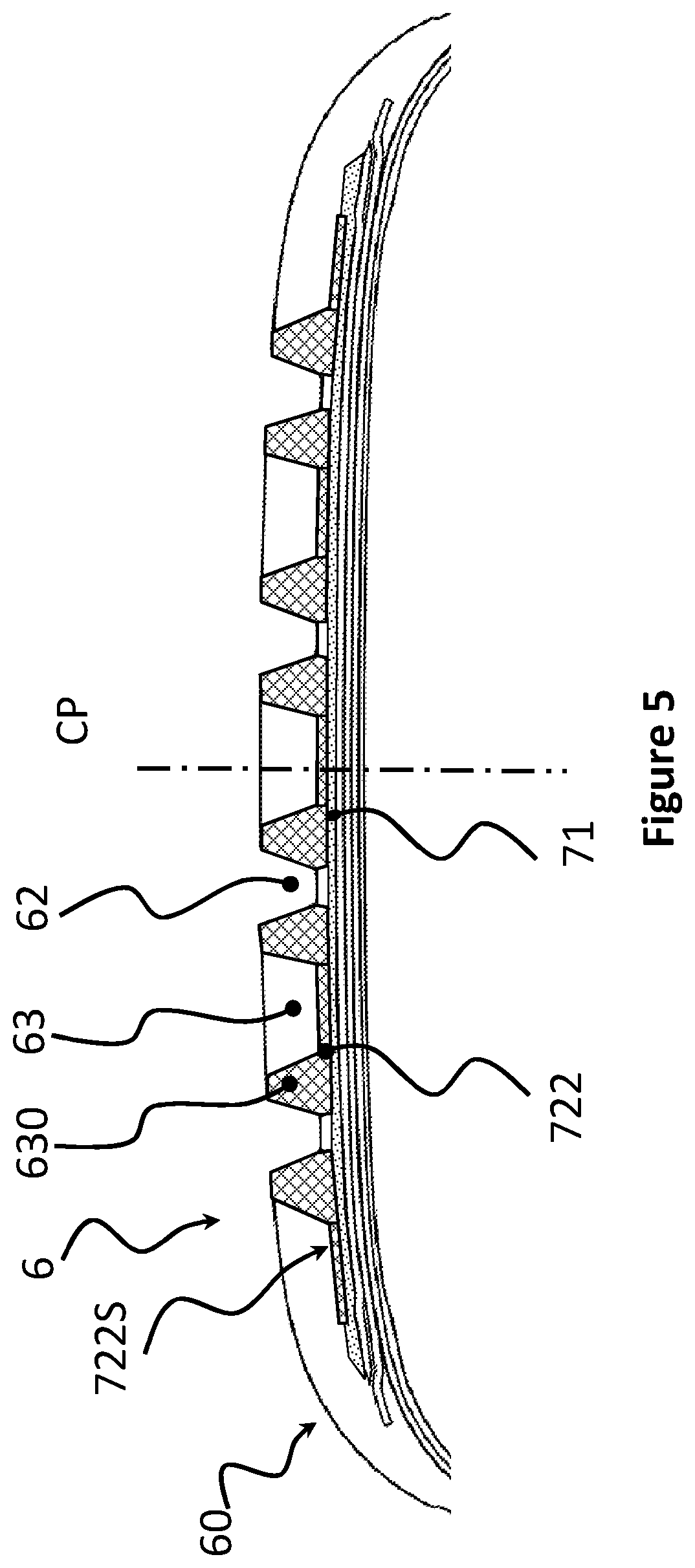 Patent US12090790 Figure 5 – Tire with a tread sub-layer containing multiple materials