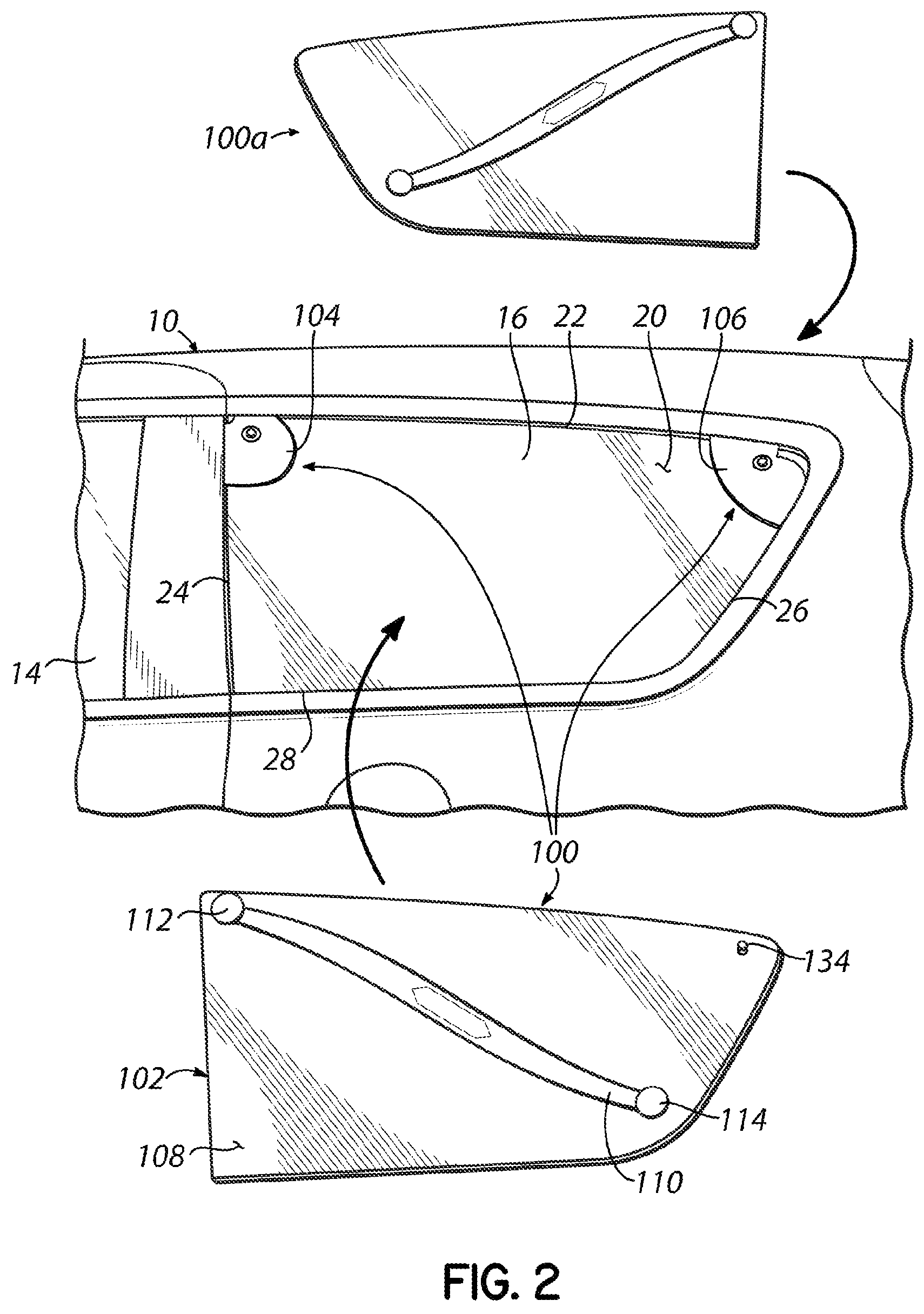 Patent US12090819 Figure 2 – Removable panel assembly for a vehicle window and related methods