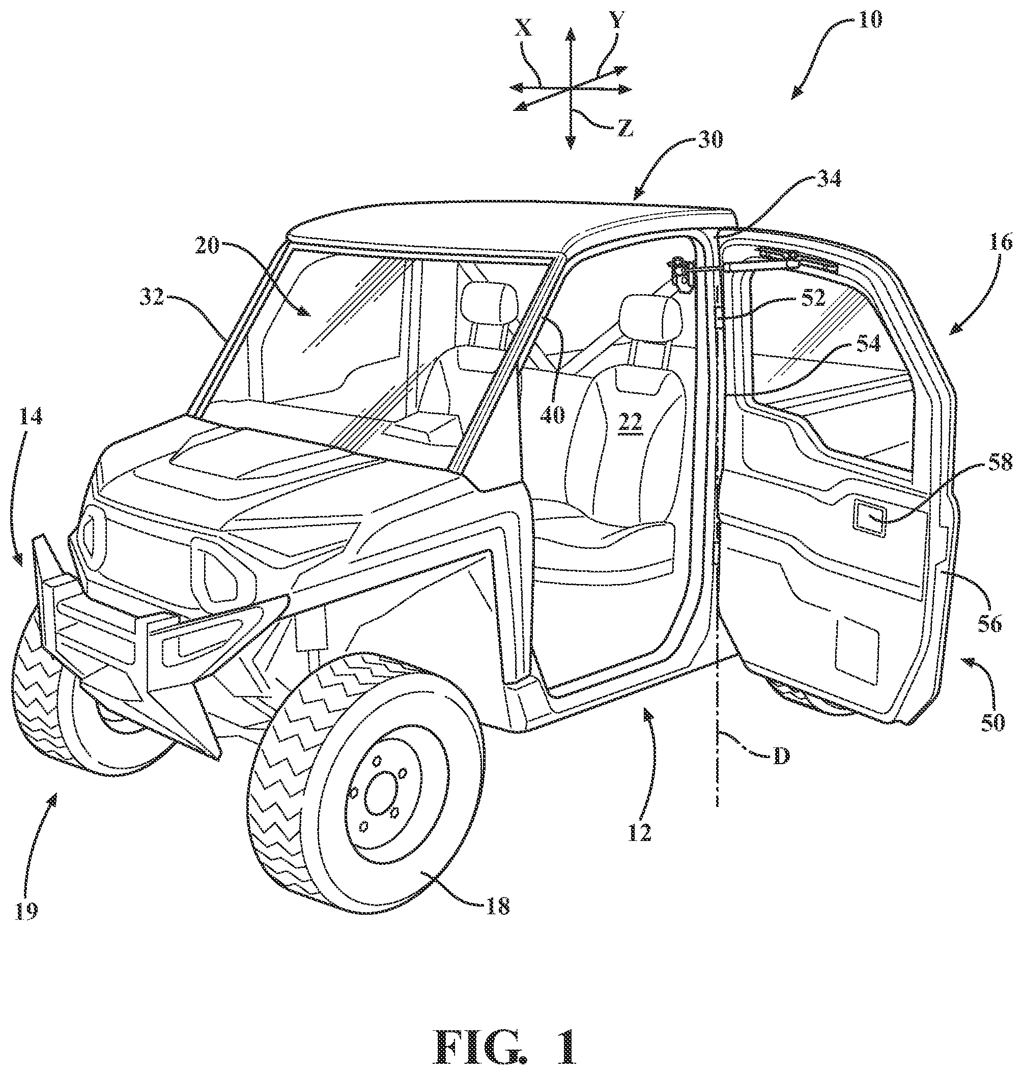 Patent US12090822 Figure 1 – Utility vehicle door travel control system