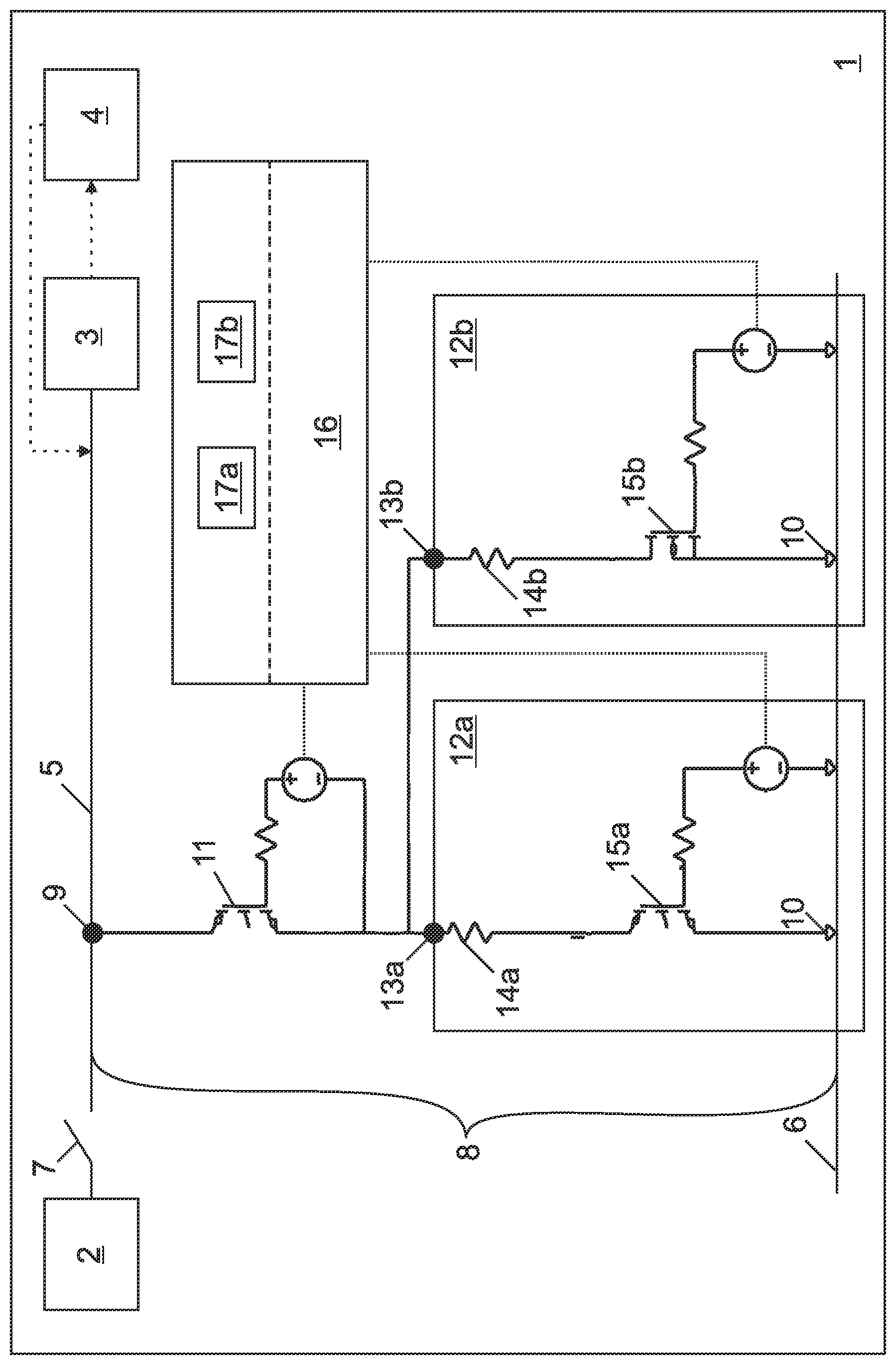 Patent US12090863 Figure 1 – Discharge apparatus for an electrical drive arrangement of a vehicle and electrical drive arrangement comprising the discharge apparatus