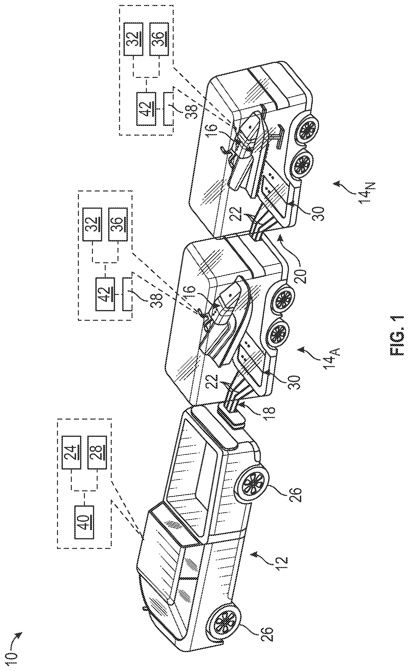 Patent US12090881 Figure 1 – Systems and methods for controlling power flow between electrified vehicles and charging trailers during in-flight energy transfers