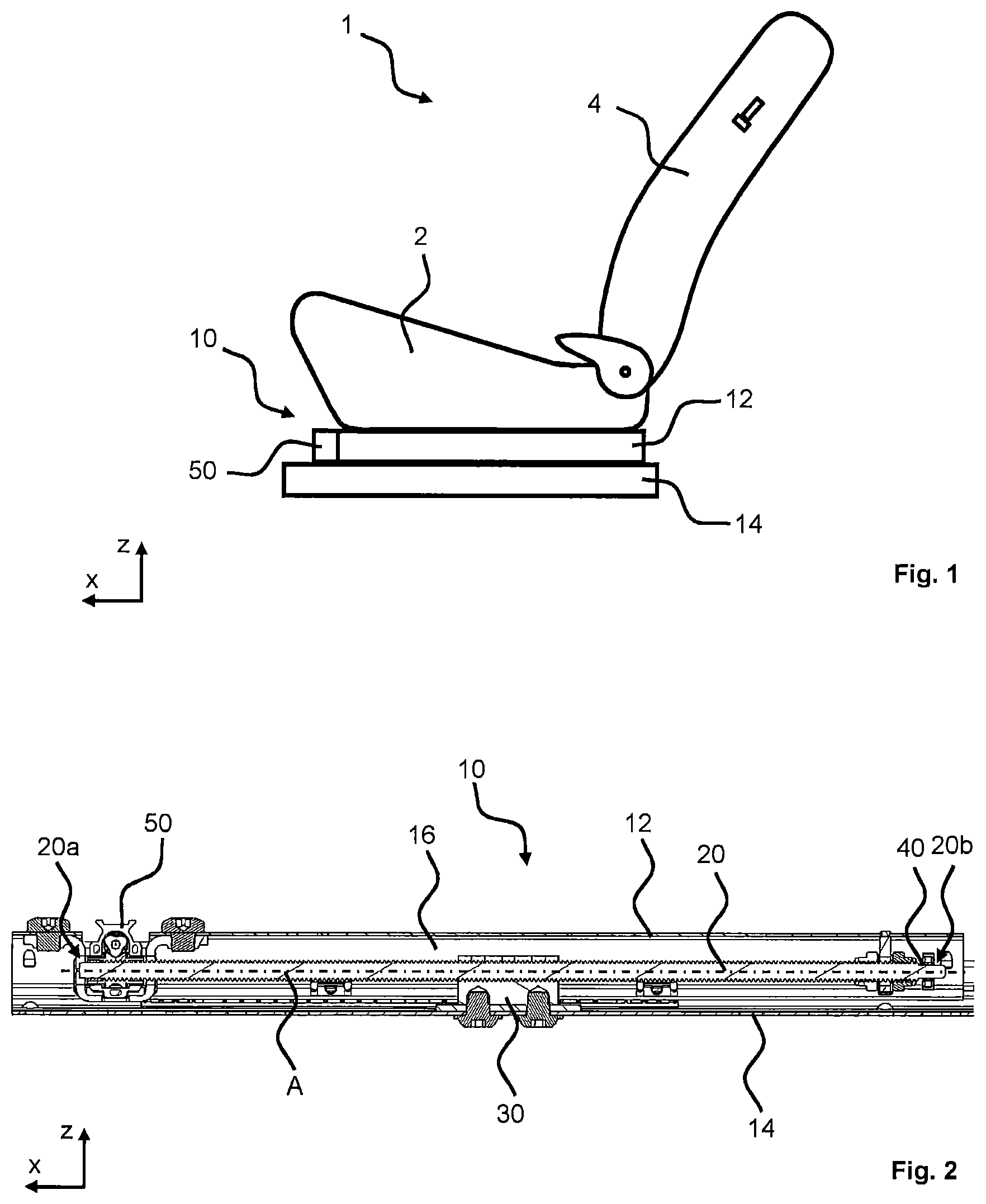 Patent US12090896 Figure 1 – Longitudinal adjustment mechanism, vehicle seat