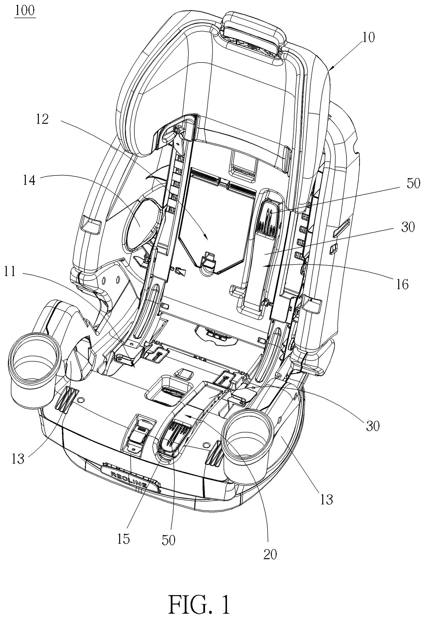 Patent US12090899 Figure 1 – Safety belt fastening device and child safety seat therewith