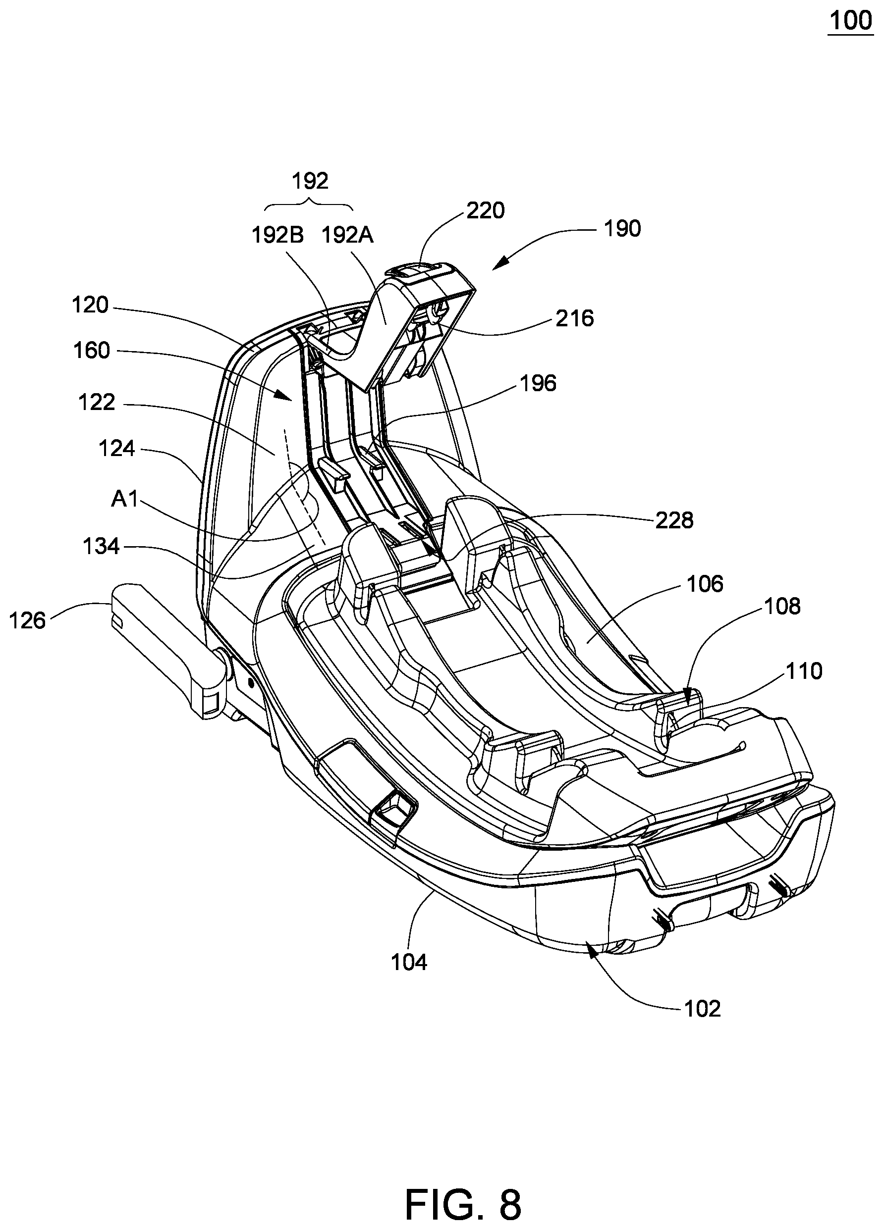 Patent US12090900 Figure 8 – Support base for a child safety seat
