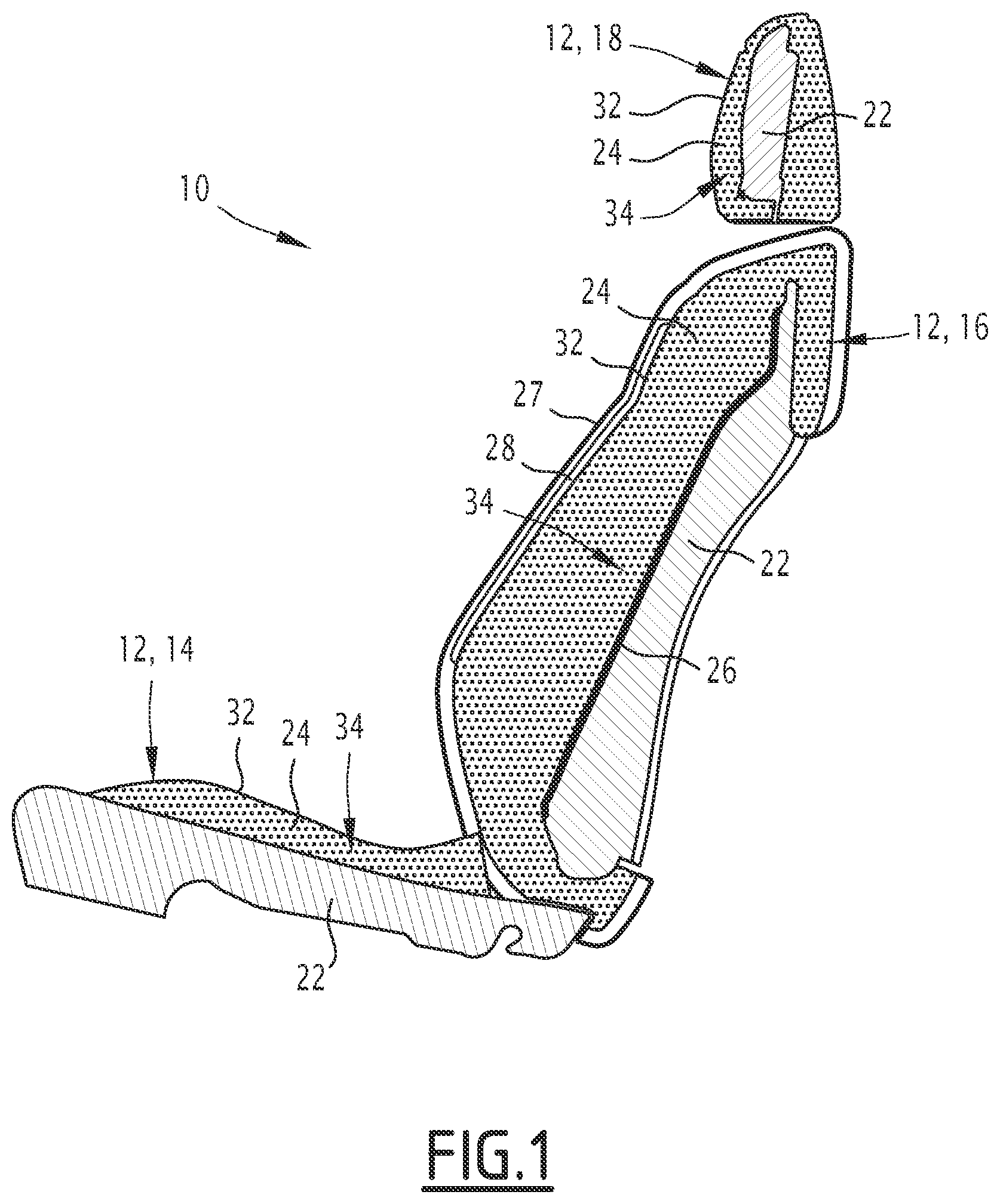 Patent US12090903 Figure 1 – Seat support element, seat and associated manufacturing method