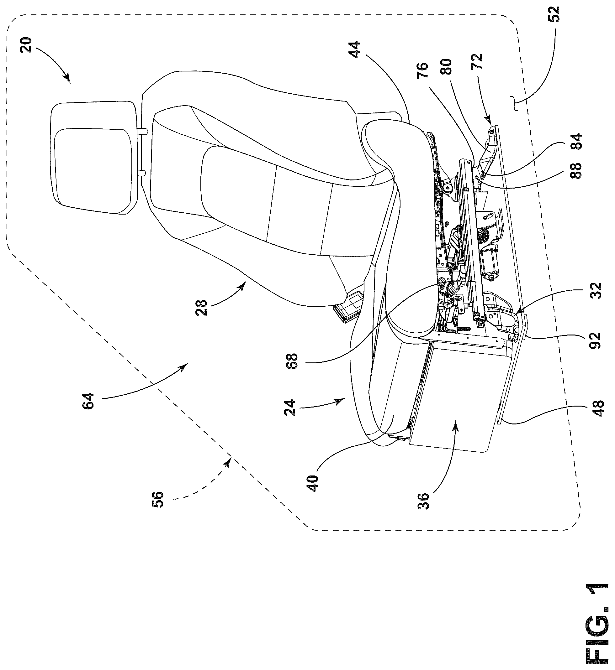 Patent US12090905 Figure 1 – Vehicle seating assembly with lower leg support