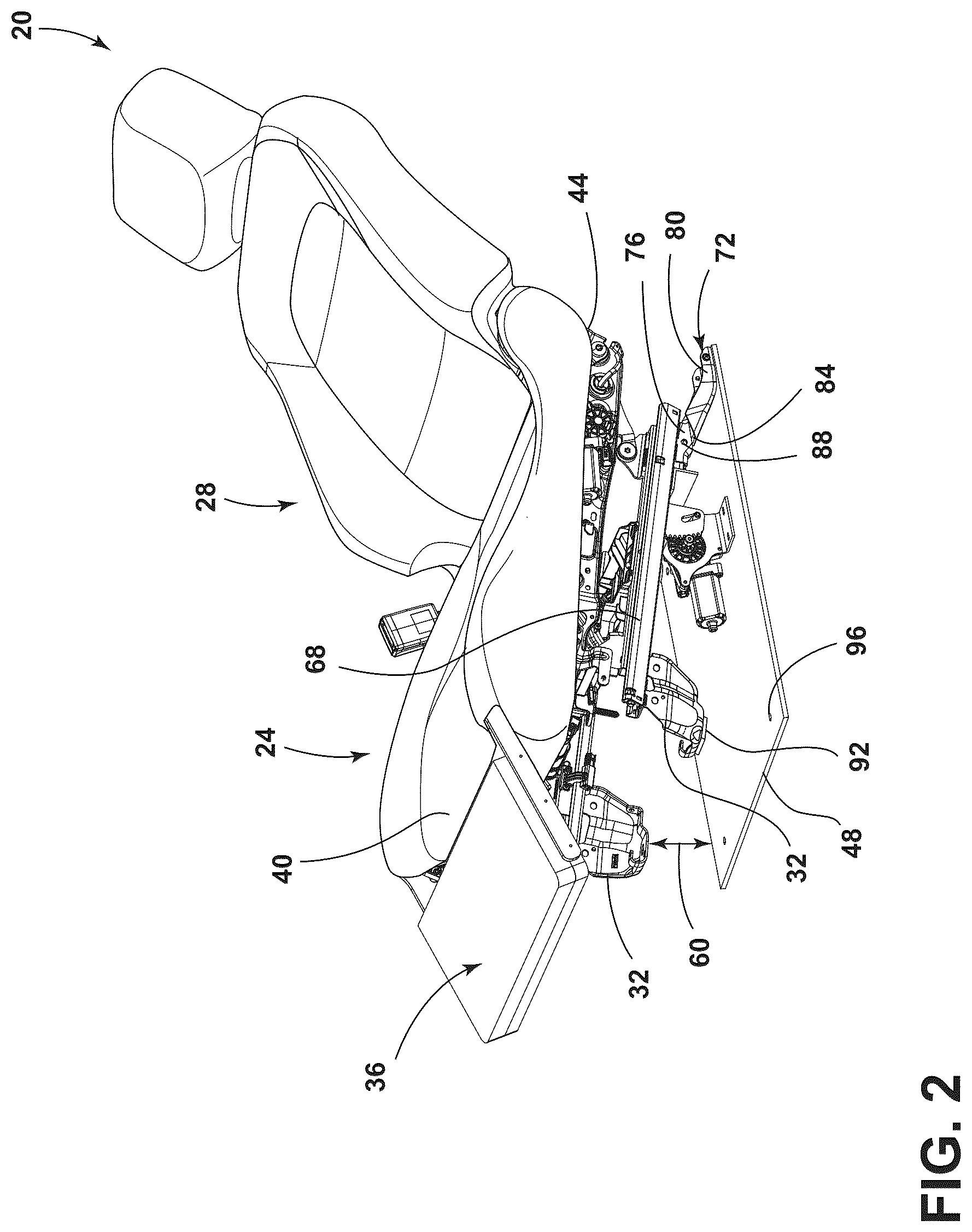 Patent US12090905 Figure 2 – Vehicle seating assembly with lower leg support