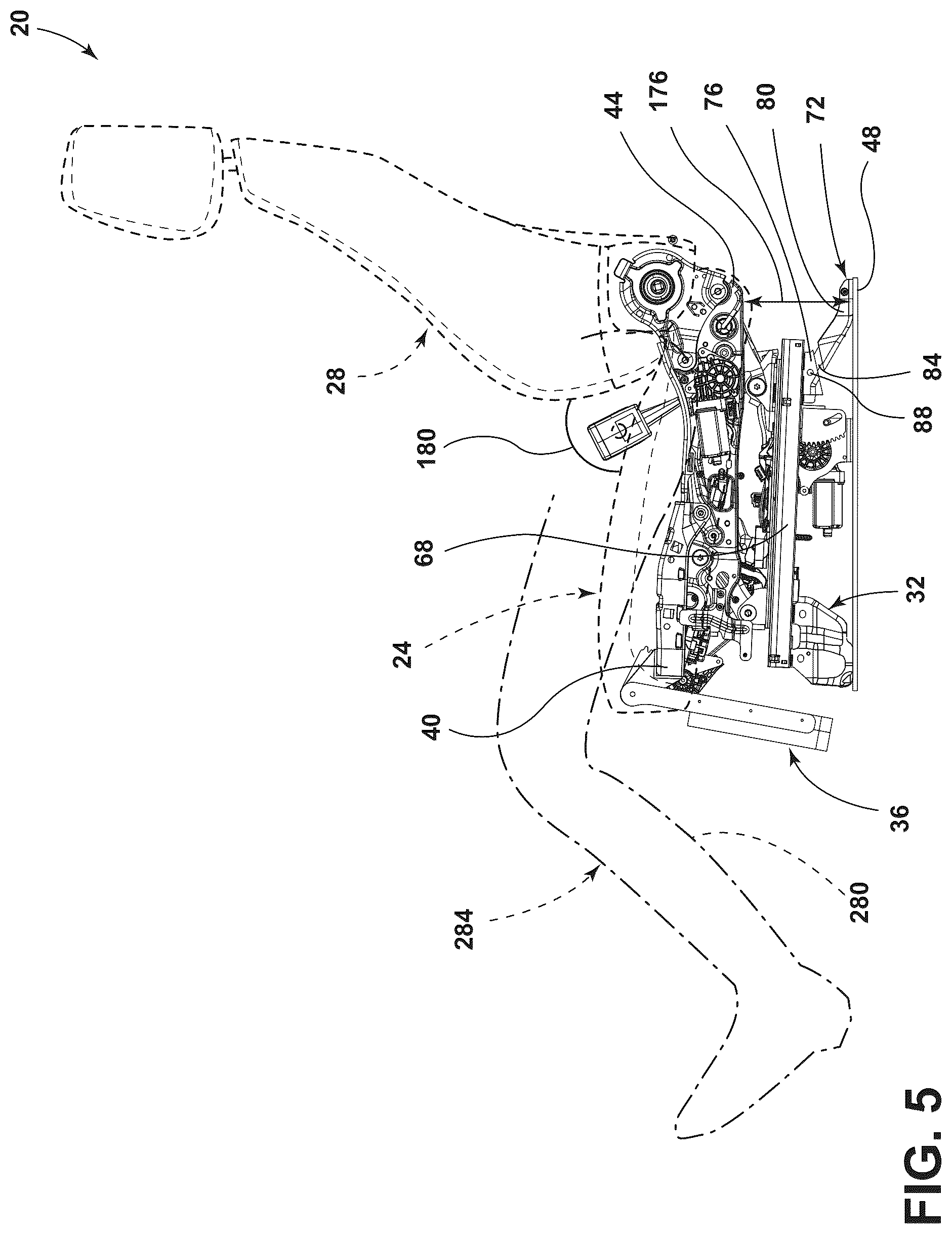 Patent US12090905 Figure 5 – Vehicle seating assembly with lower leg support