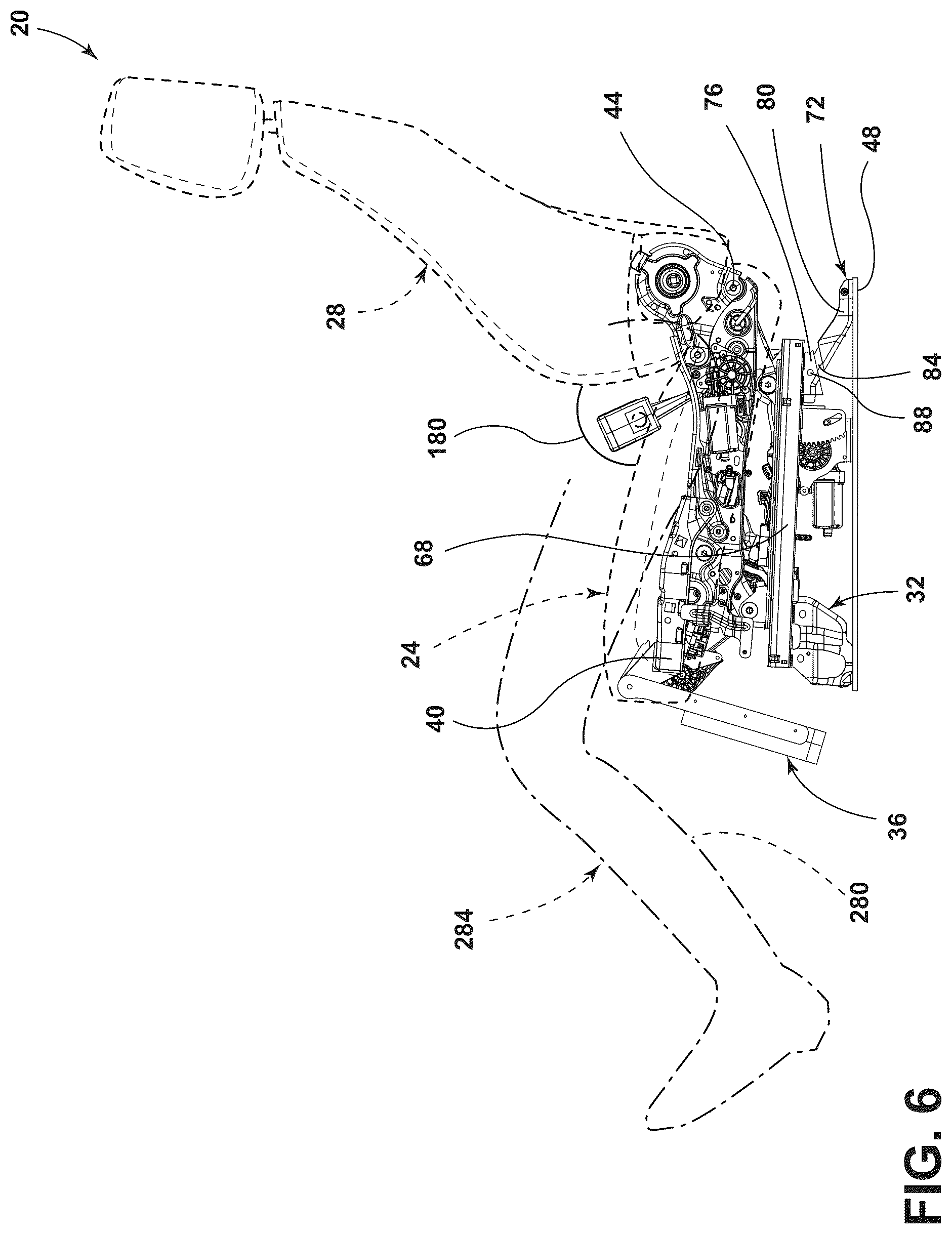 Patent US12090905 Figure 6 – Vehicle seating assembly with lower leg support