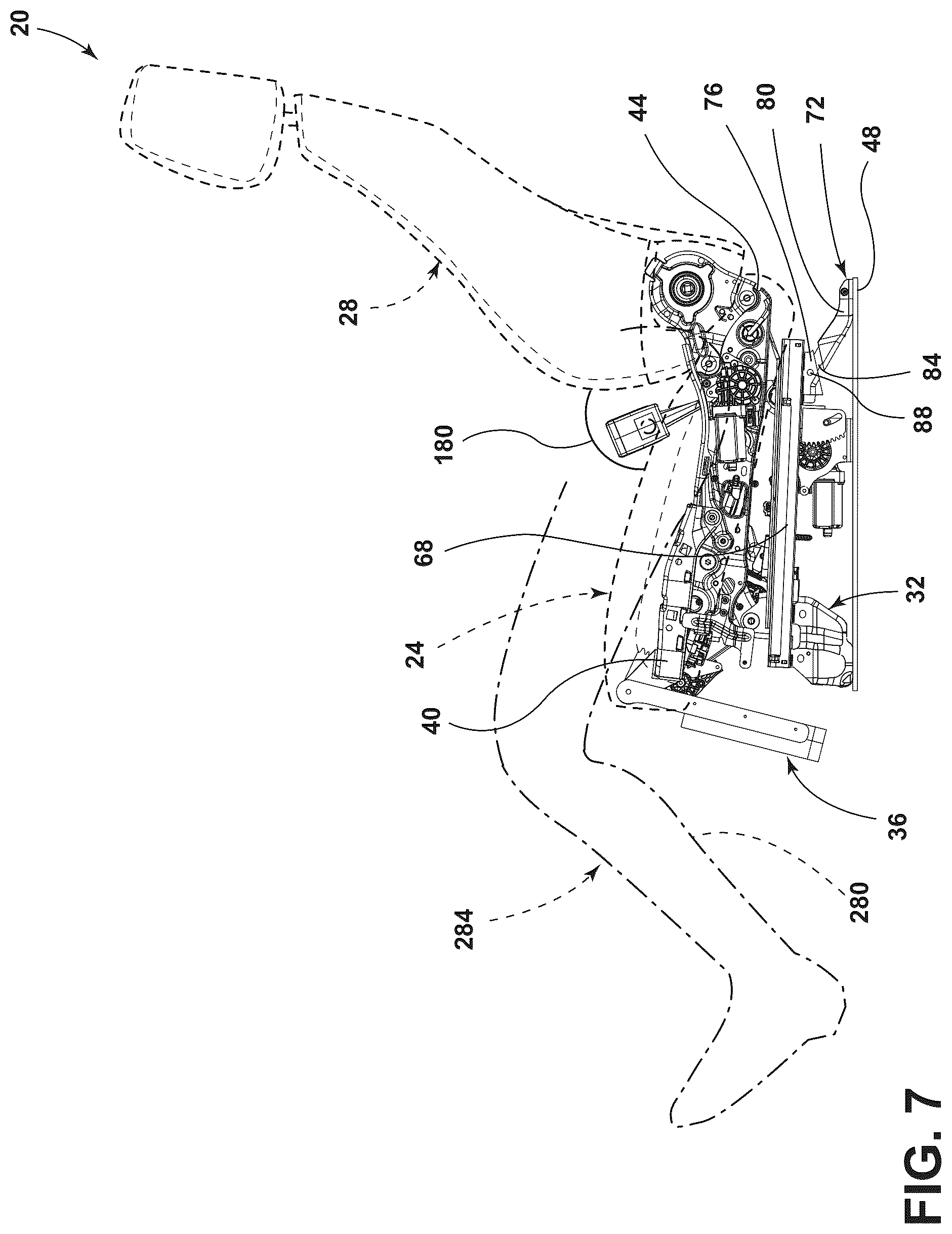 Patent US12090905 Figure 7 – Vehicle seating assembly with lower leg support