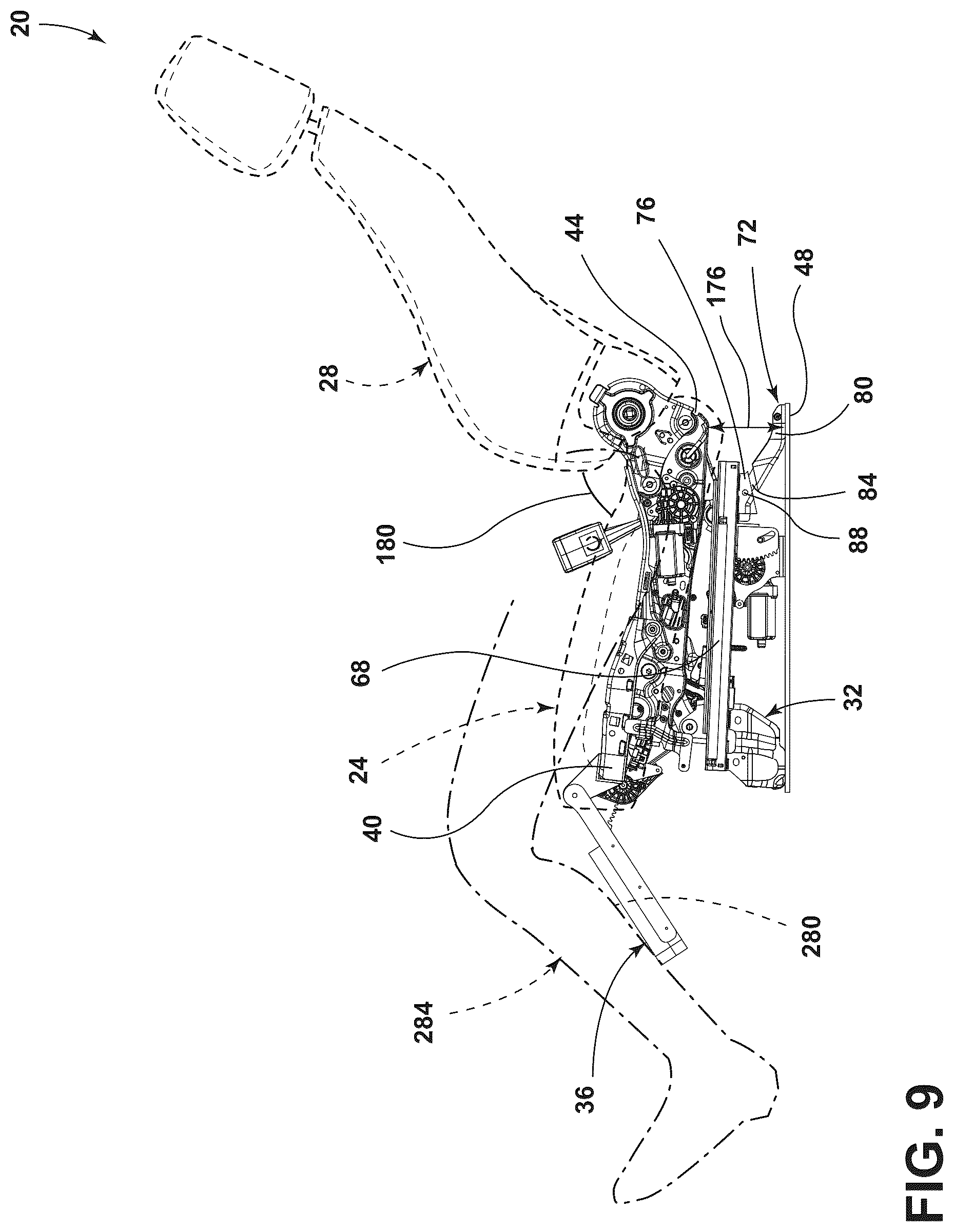 Patent US12090905 Figure 9 – Vehicle seating assembly with lower leg support