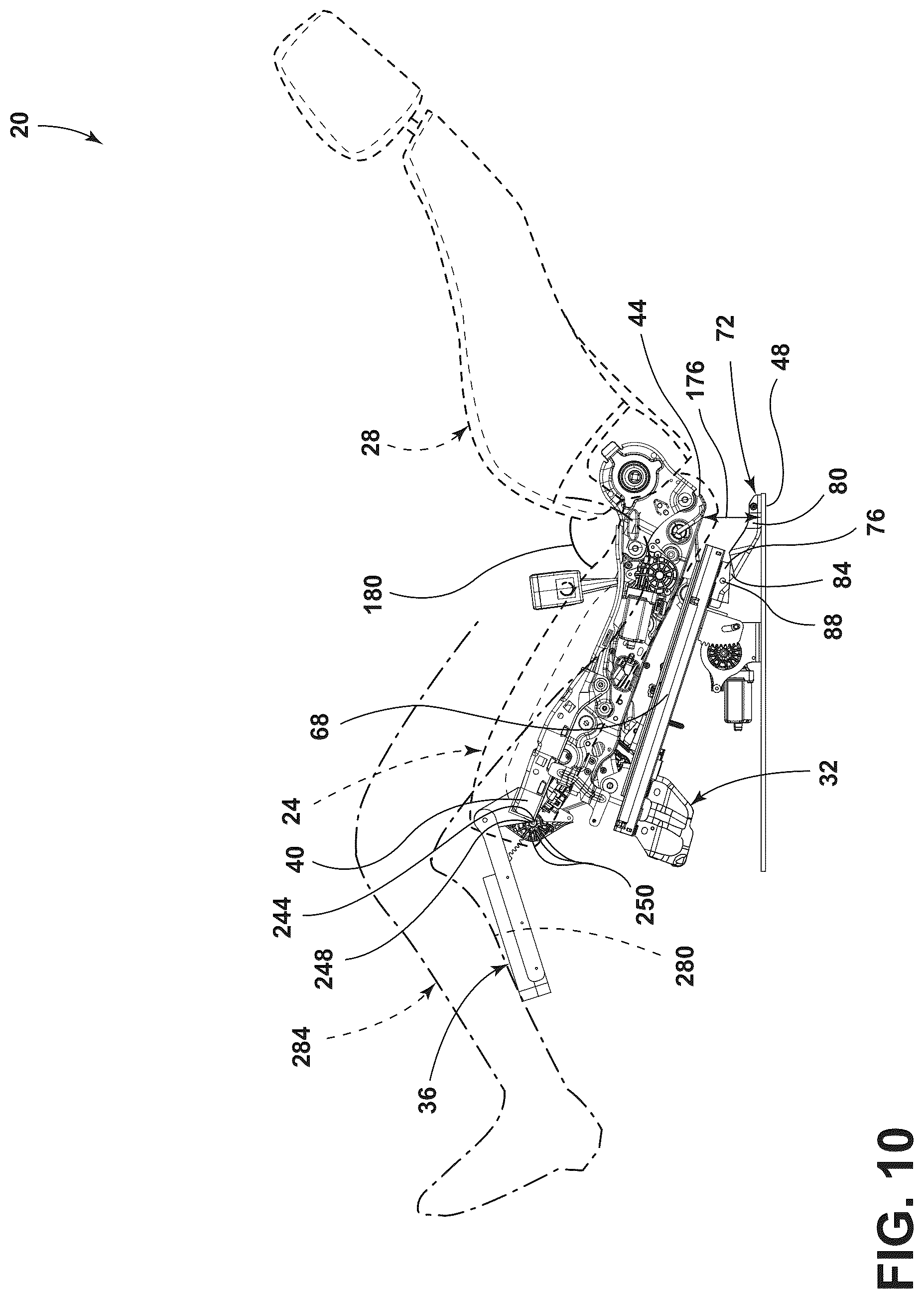 Patent US12090905 Figure 10 – Vehicle seating assembly with lower leg support