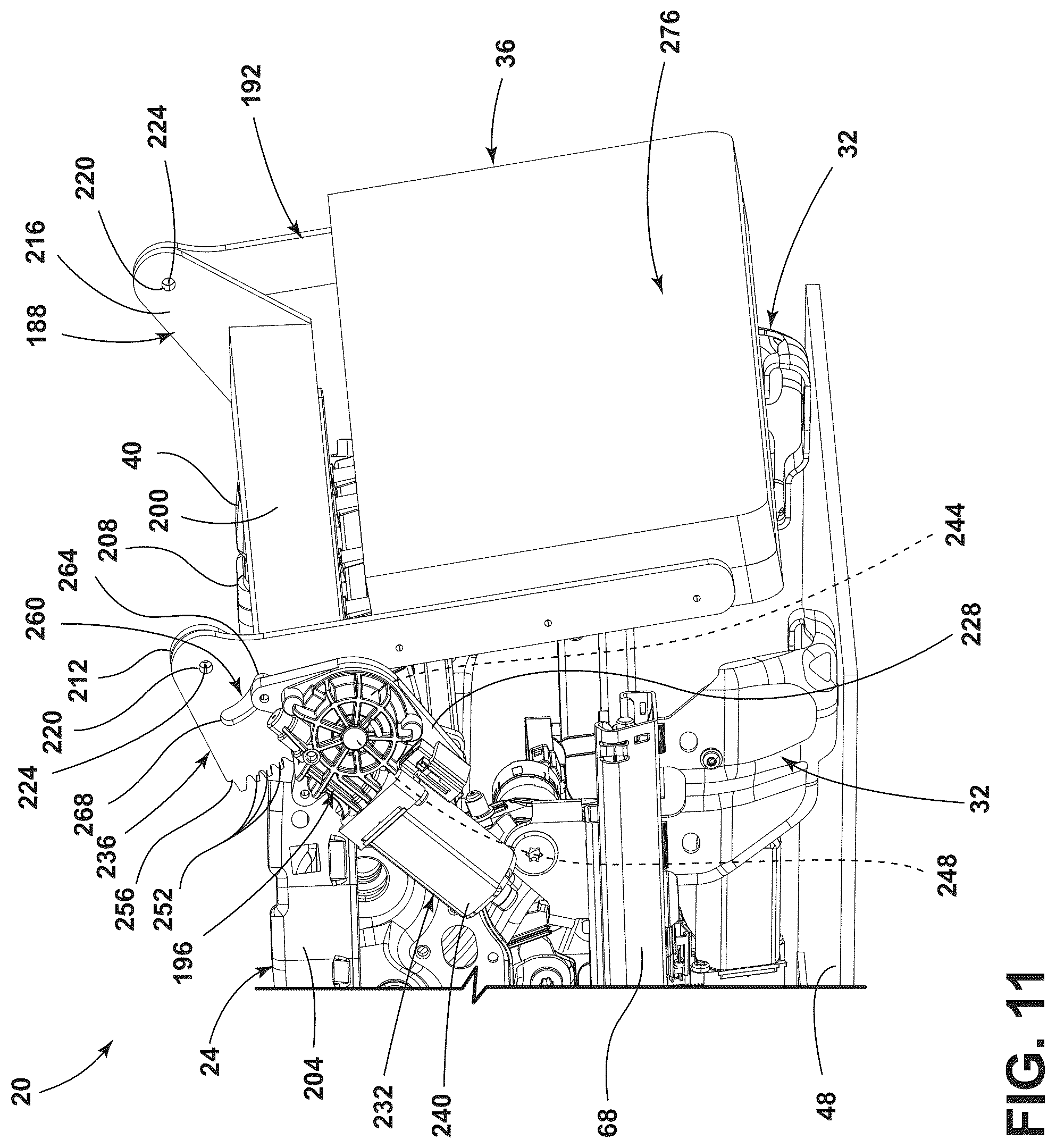 Patent US12090905 Figure 11 – Vehicle seating assembly with lower leg support