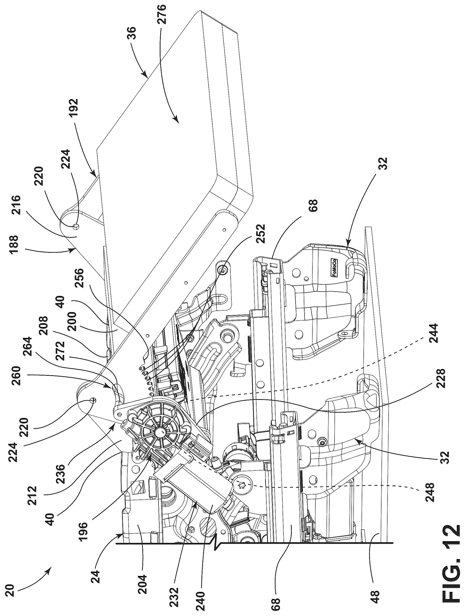 Patent US12090905 Figure 12 – Vehicle seating assembly with lower leg support