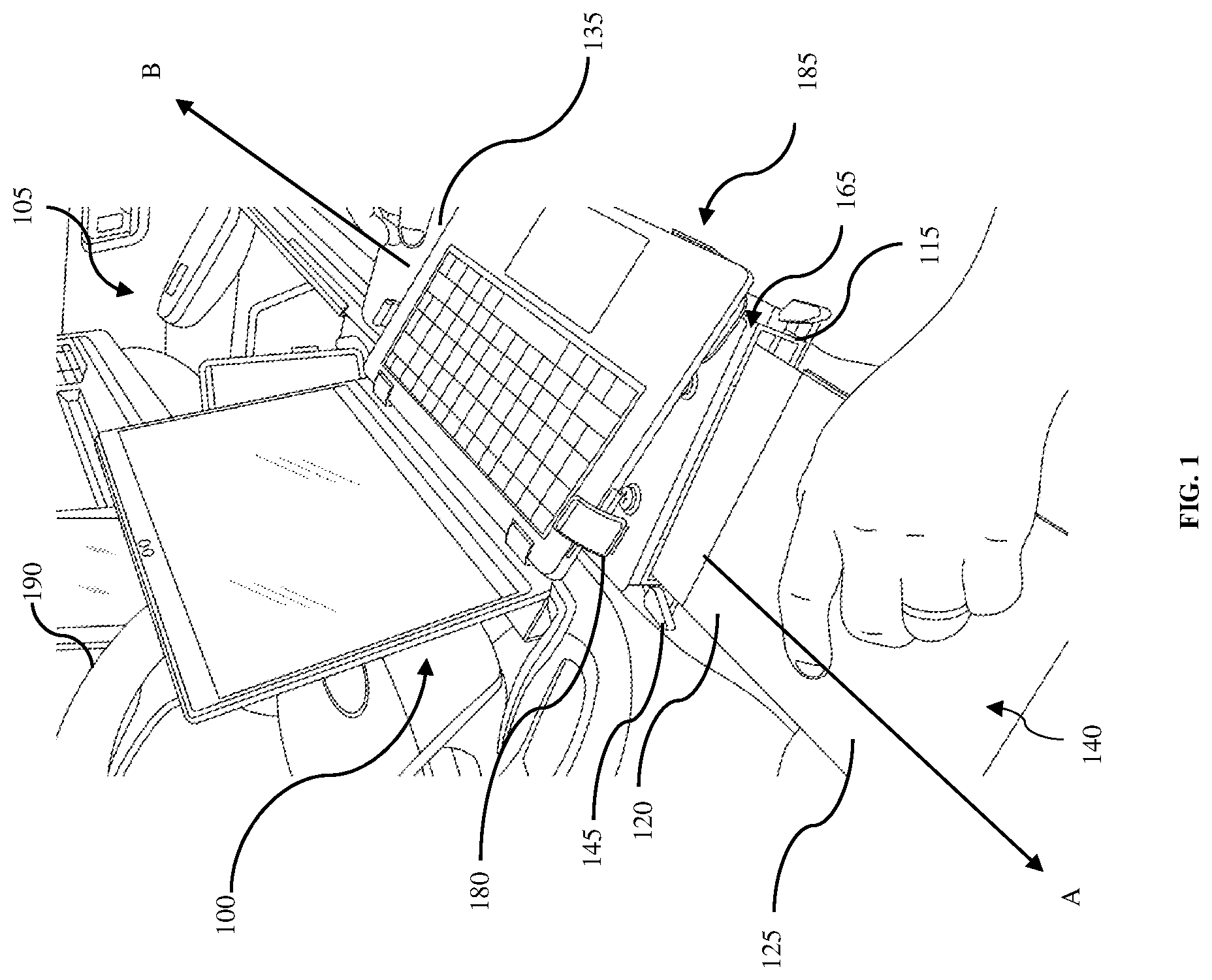 Patent US12090906 Figure 1 – Portable table system for mounting within a vehicle to provide a workspace within the vehicle
