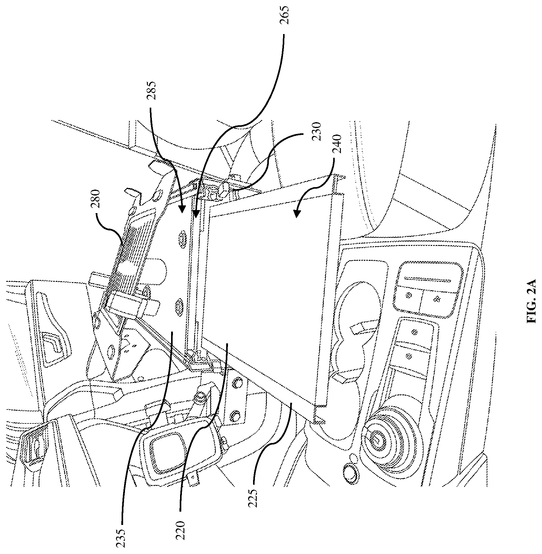 Patent US12090906 Figure 2 – Portable table system for mounting within a vehicle to provide a workspace within the vehicle