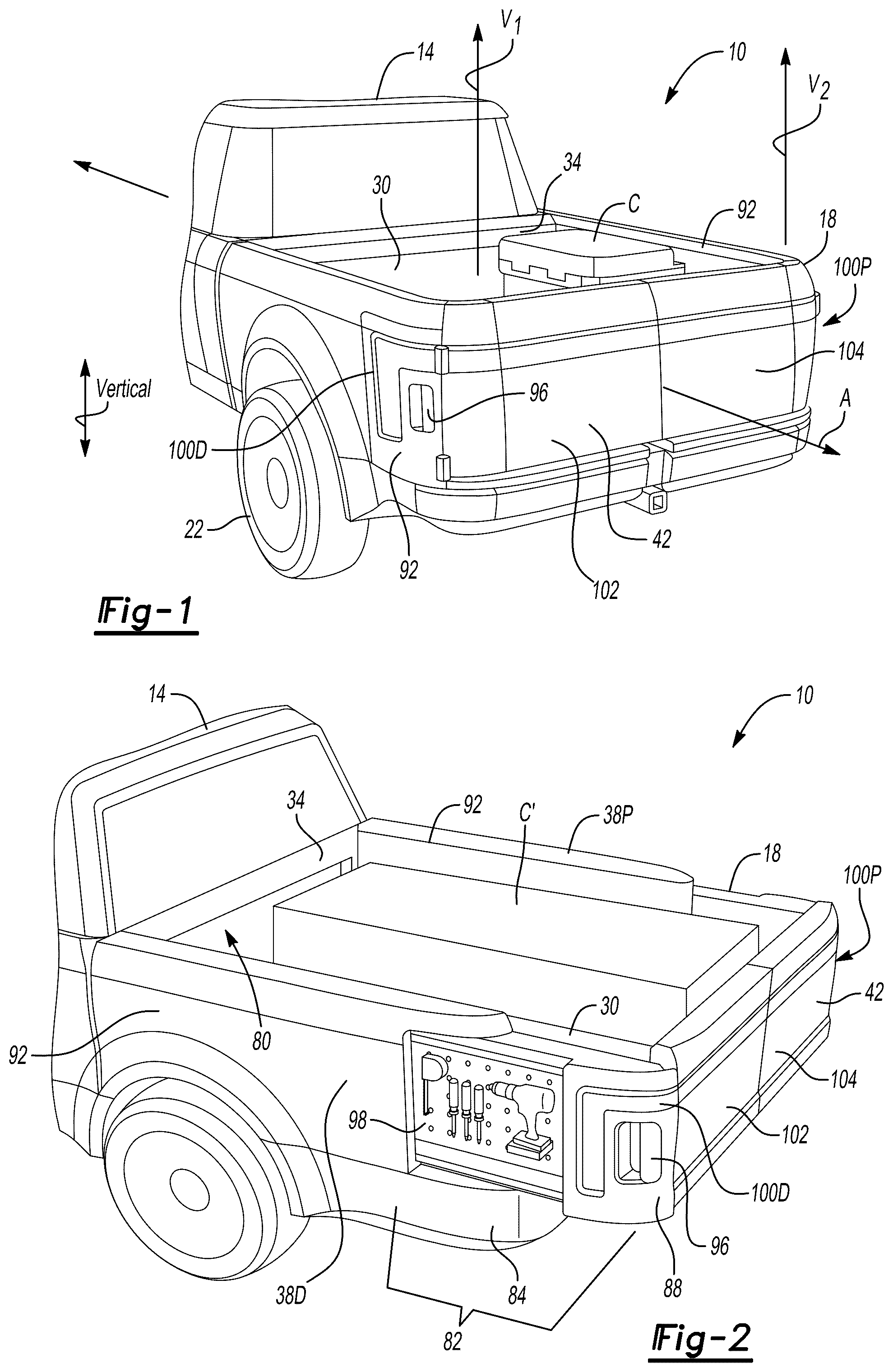 Patent US12090912 Figure 1 – Extendable cargo bed floor and cargo bed side walls