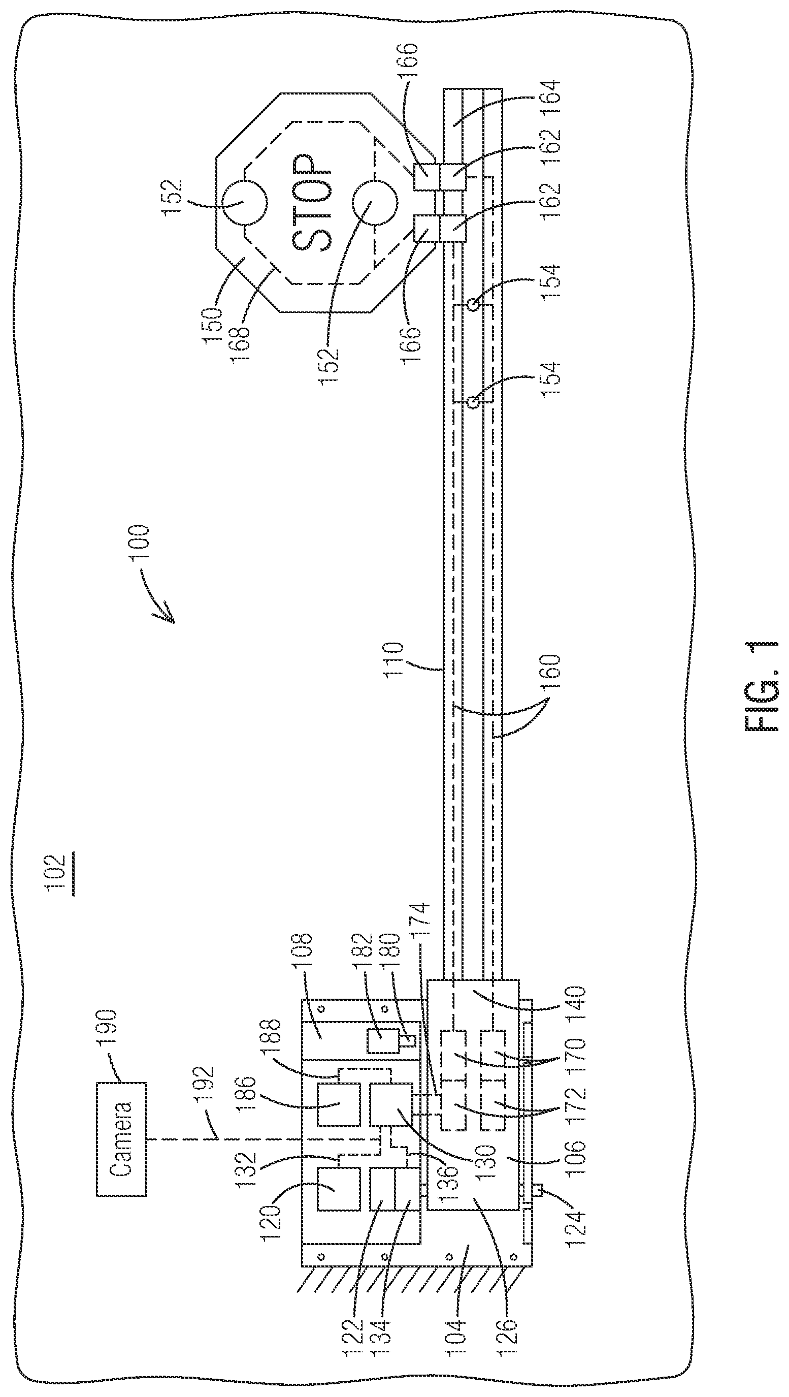 Patent US12090919 Figure 1 – Vehicle extended stop arm