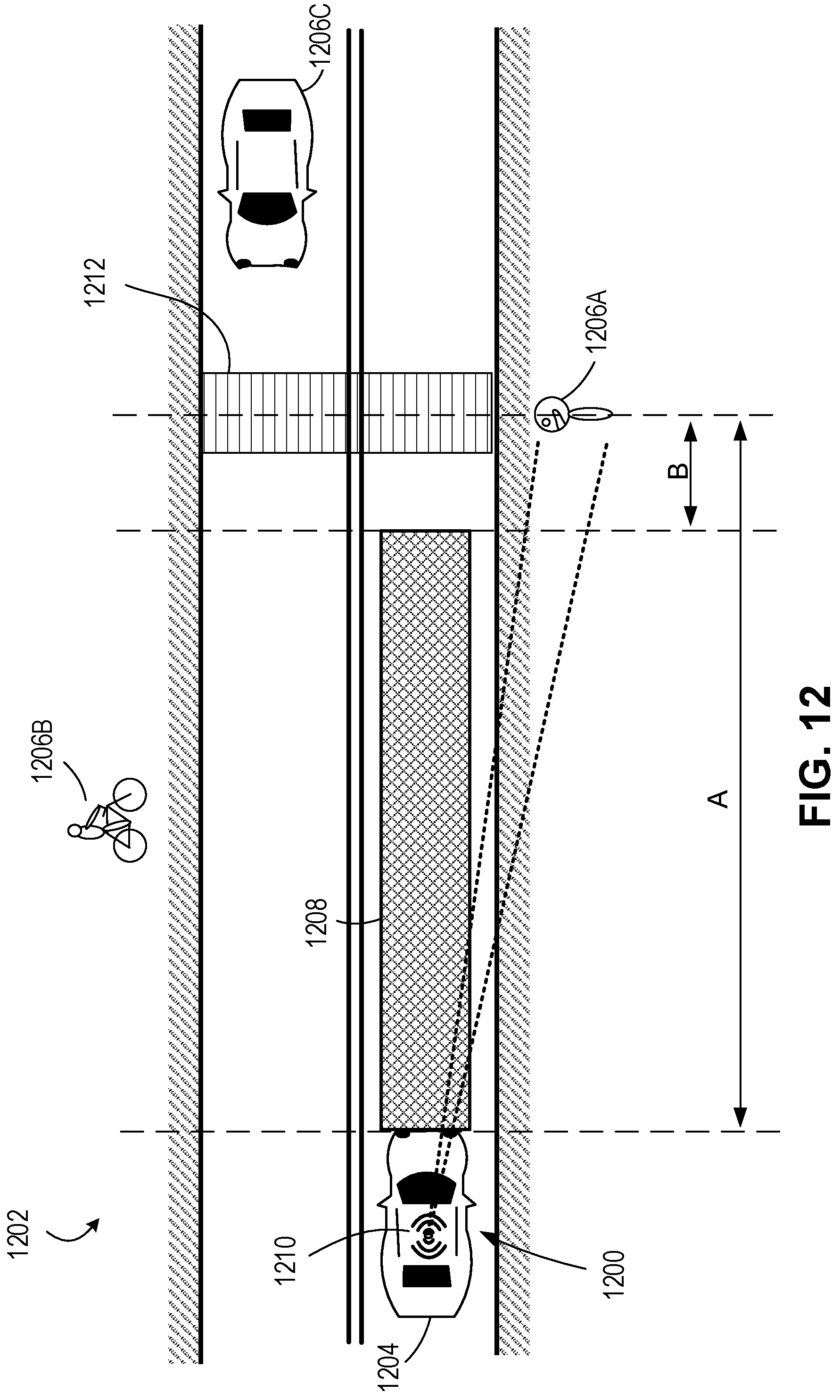 Patent US12090921 Figure 12 – Communicating vehicle information to pedestrians