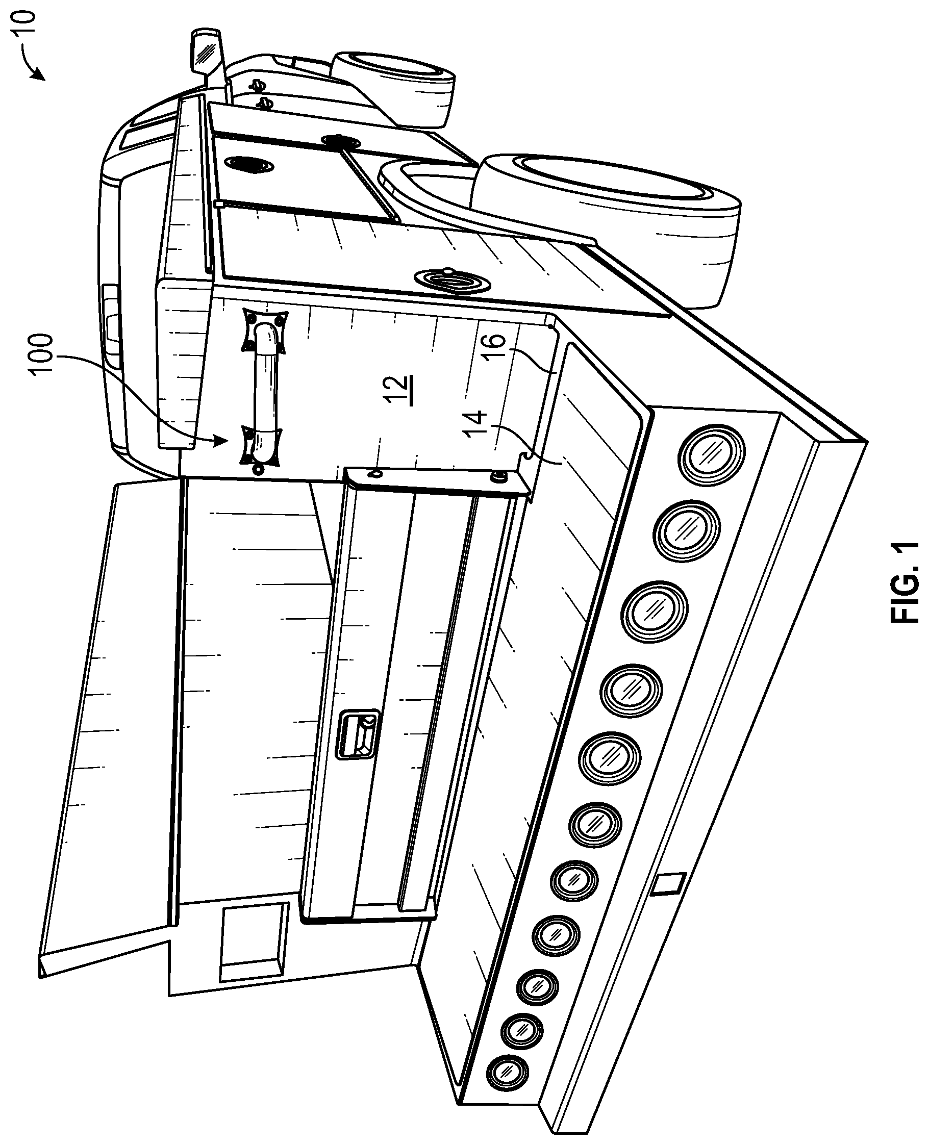 Patent US12090932 Figure 1 – Vehicle grab handle with integral handwash/eye wash fixtures