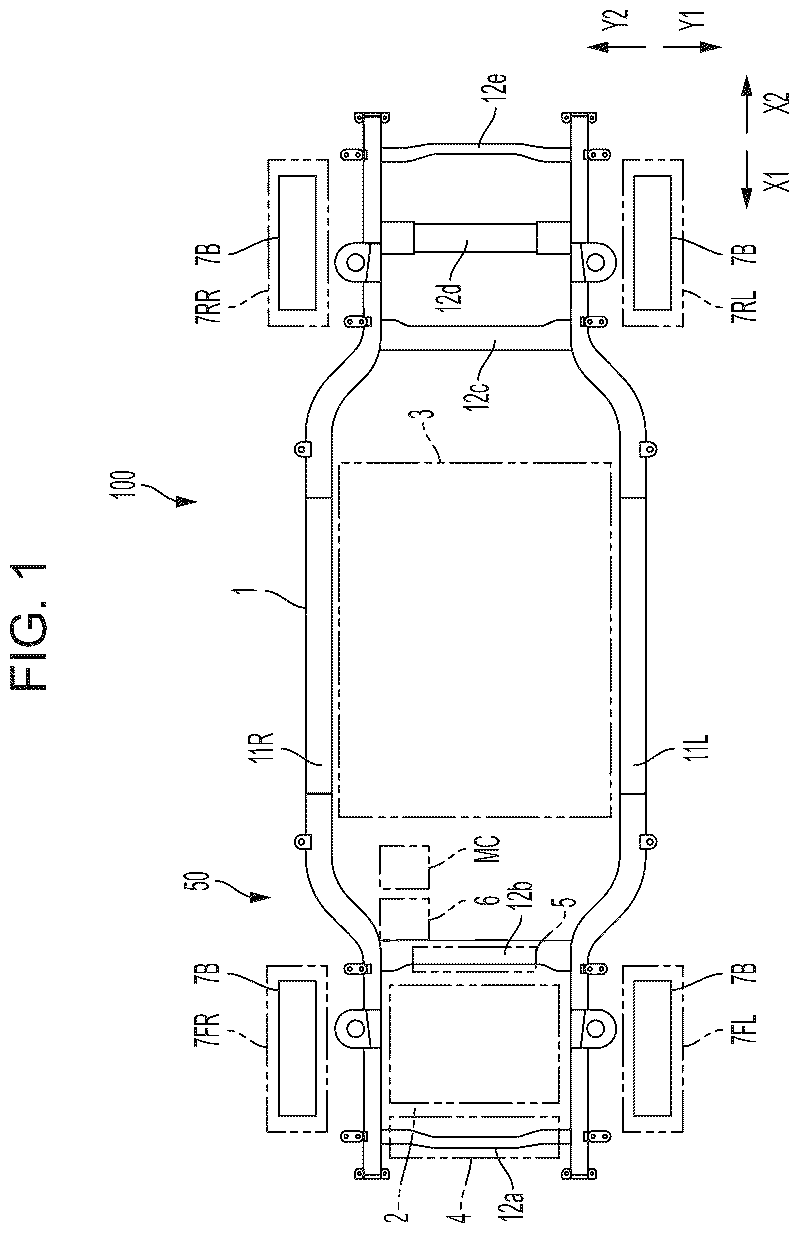 Patent US12090976 Figure 1 – Front structure of body-on-frame vehicle and method of replacing brake actuator