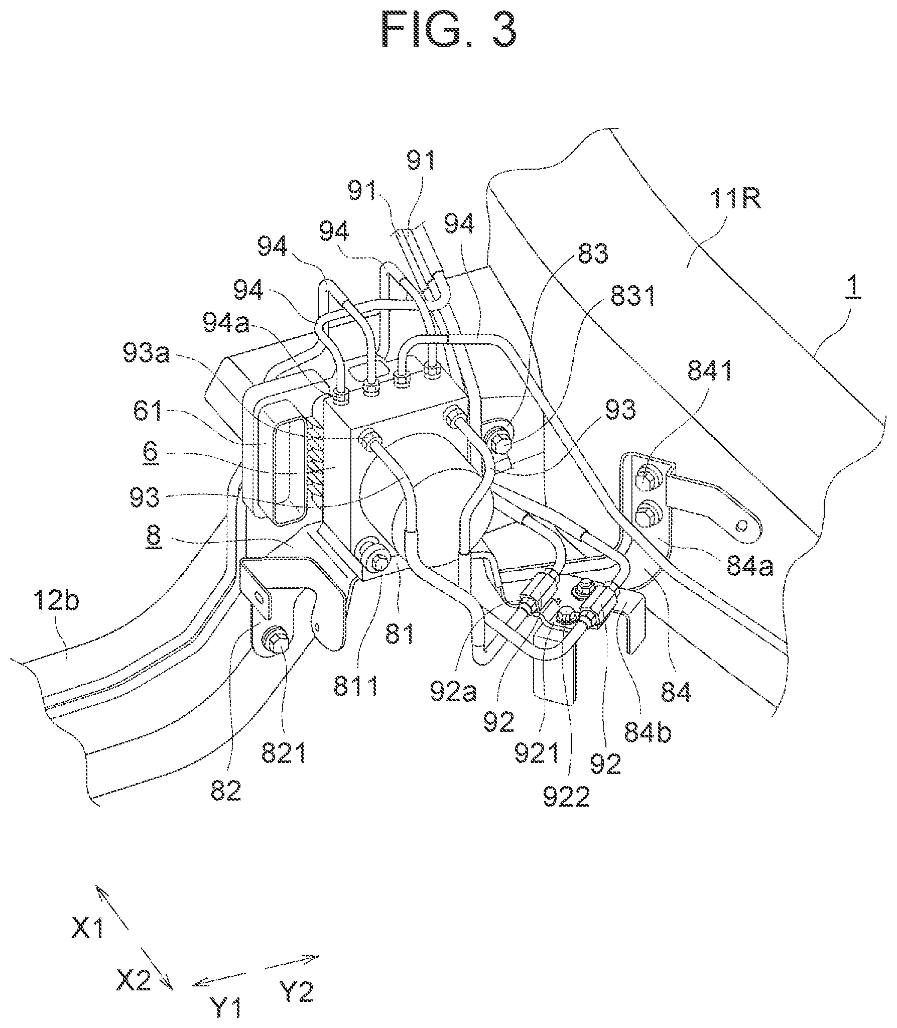 Patent US12090976 Figure 3 – Front structure of body-on-frame vehicle and method of replacing brake actuator