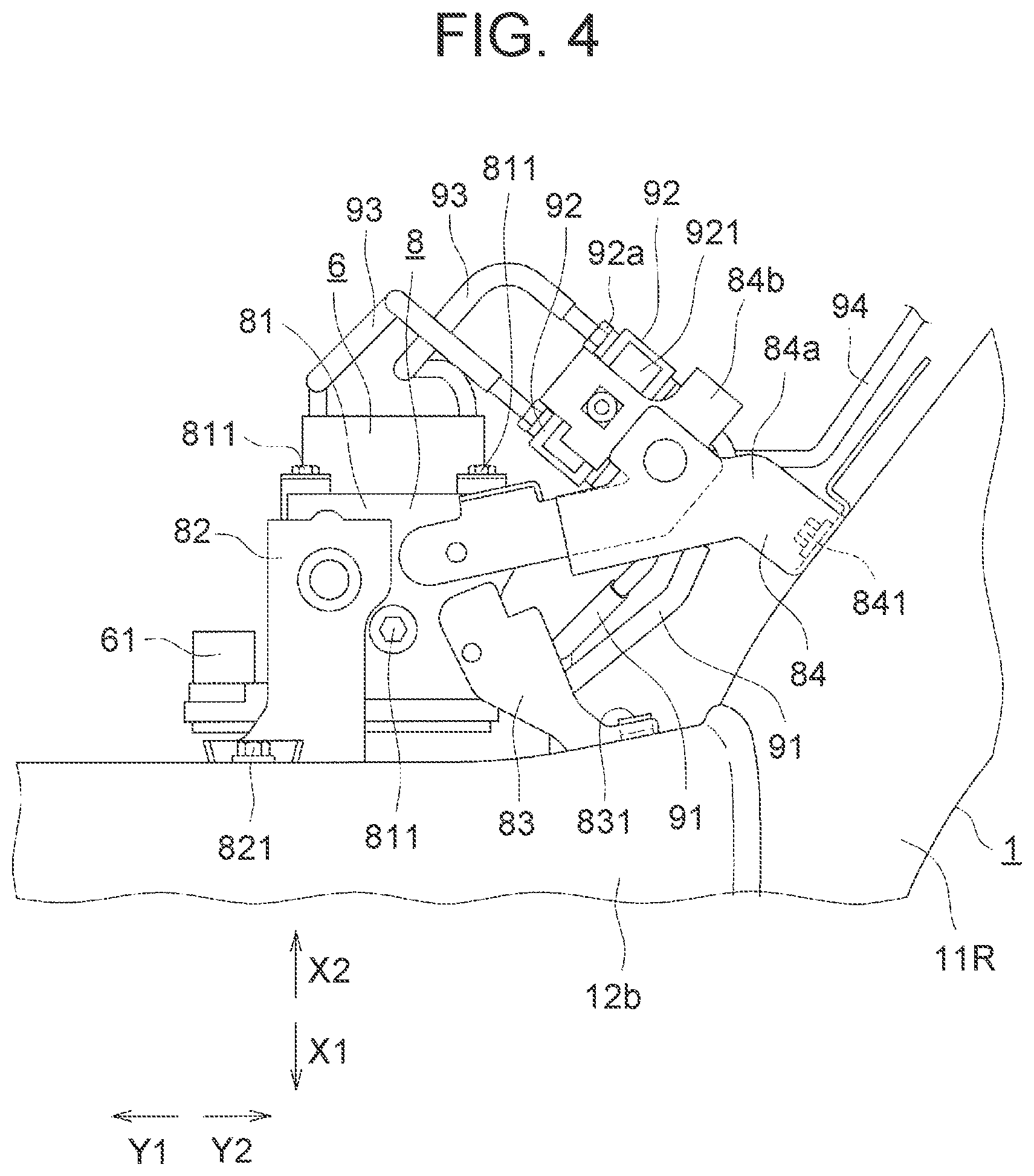 Patent US12090976 Figure 4 – Front structure of body-on-frame vehicle and method of replacing brake actuator