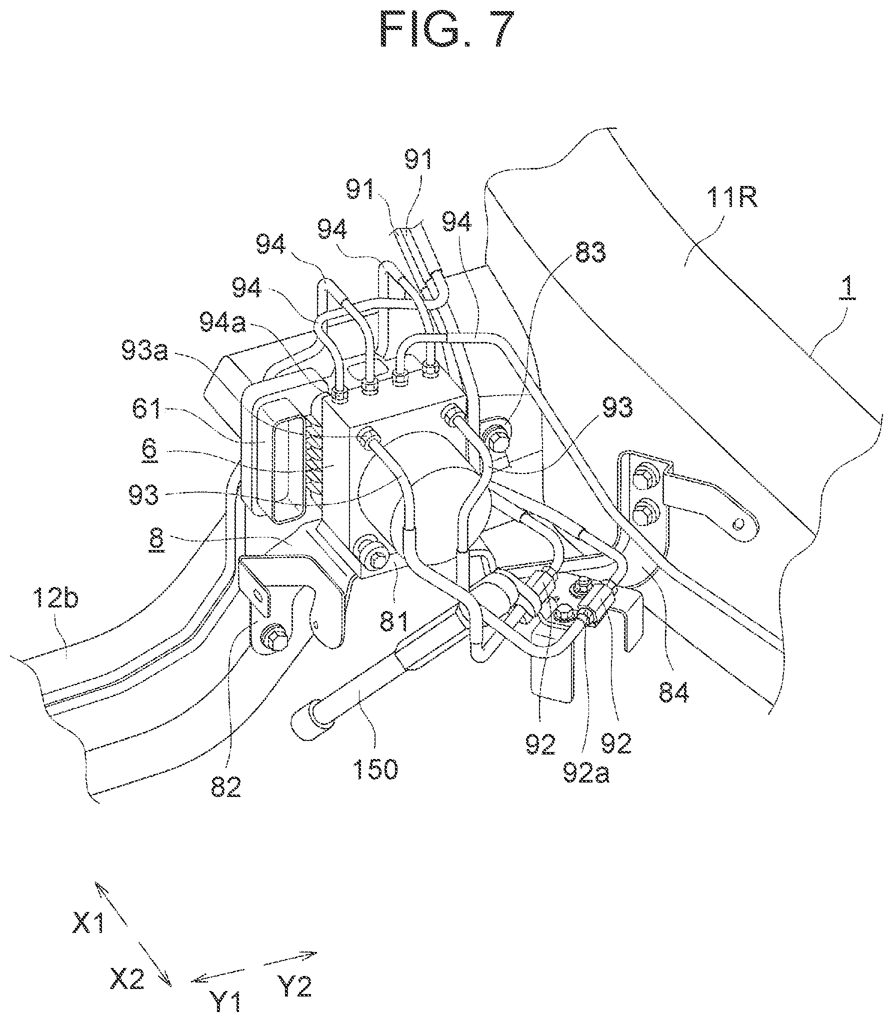 Patent US12090976 Figure 7 – Front structure of body-on-frame vehicle and method of replacing brake actuator