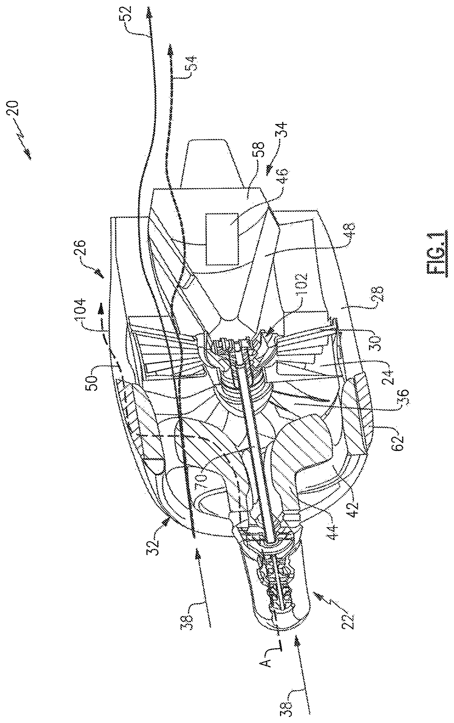 Patent US12092022 — Forward mounted hydrogen steam injected and inter-cooled turbine engine with octopus ducting — Figure 1