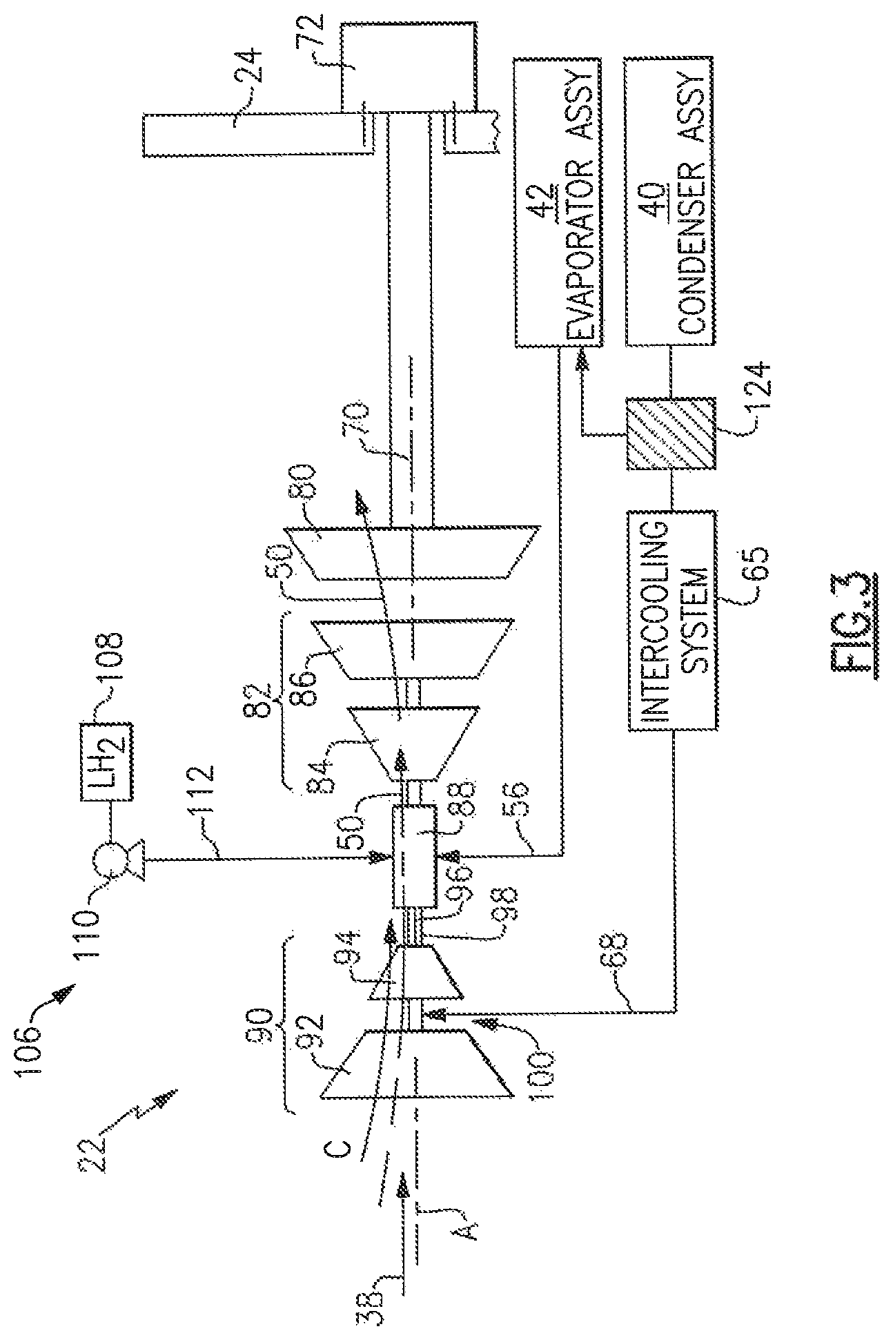 Patent US12092022 Figure 3 – Forward mounted hydrogen steam injected and inter-cooled turbine engine with octopus ducting