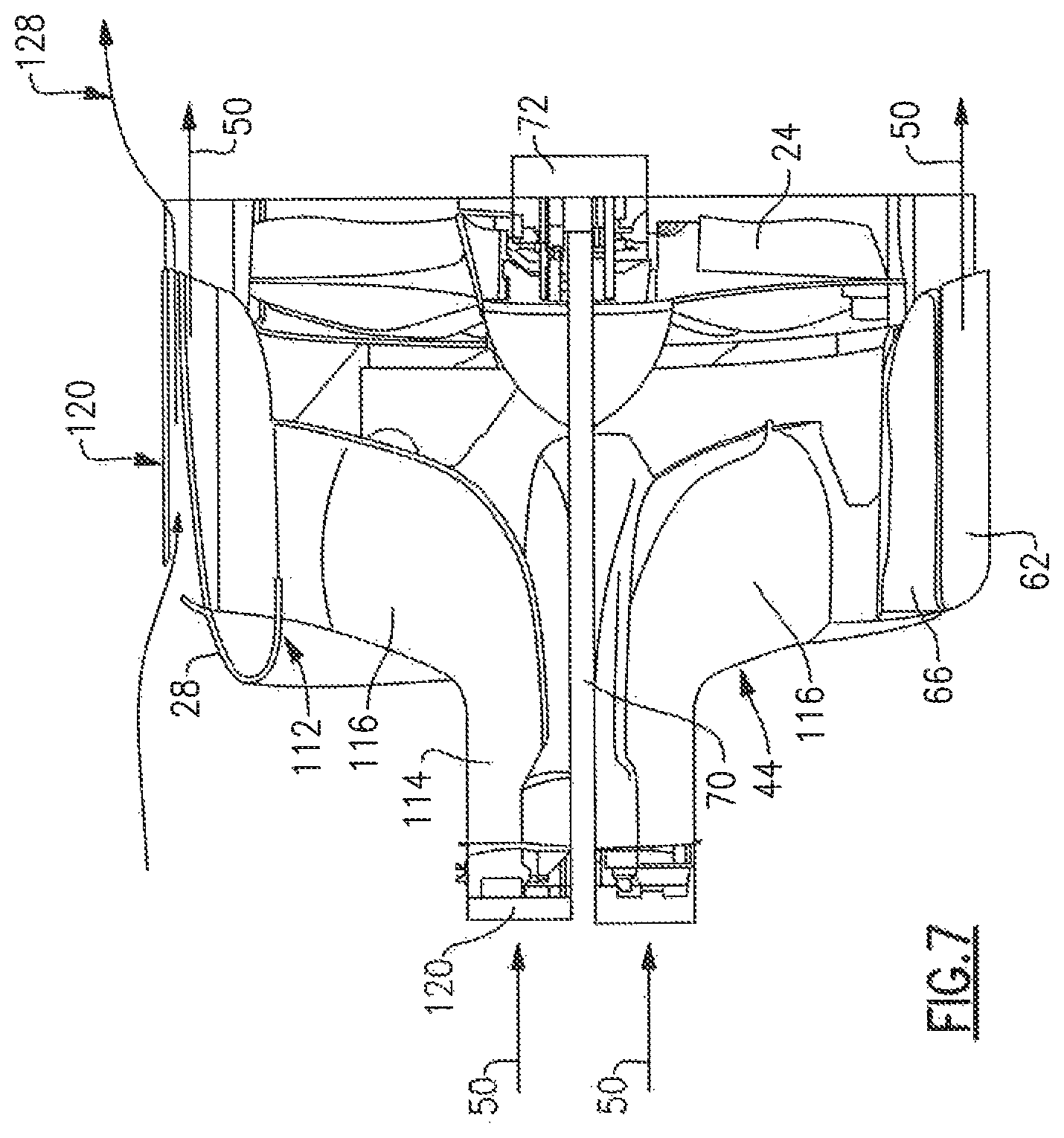 Patent US12092022 Figure 7 – Forward mounted hydrogen steam injected and inter-cooled turbine engine with octopus ducting
