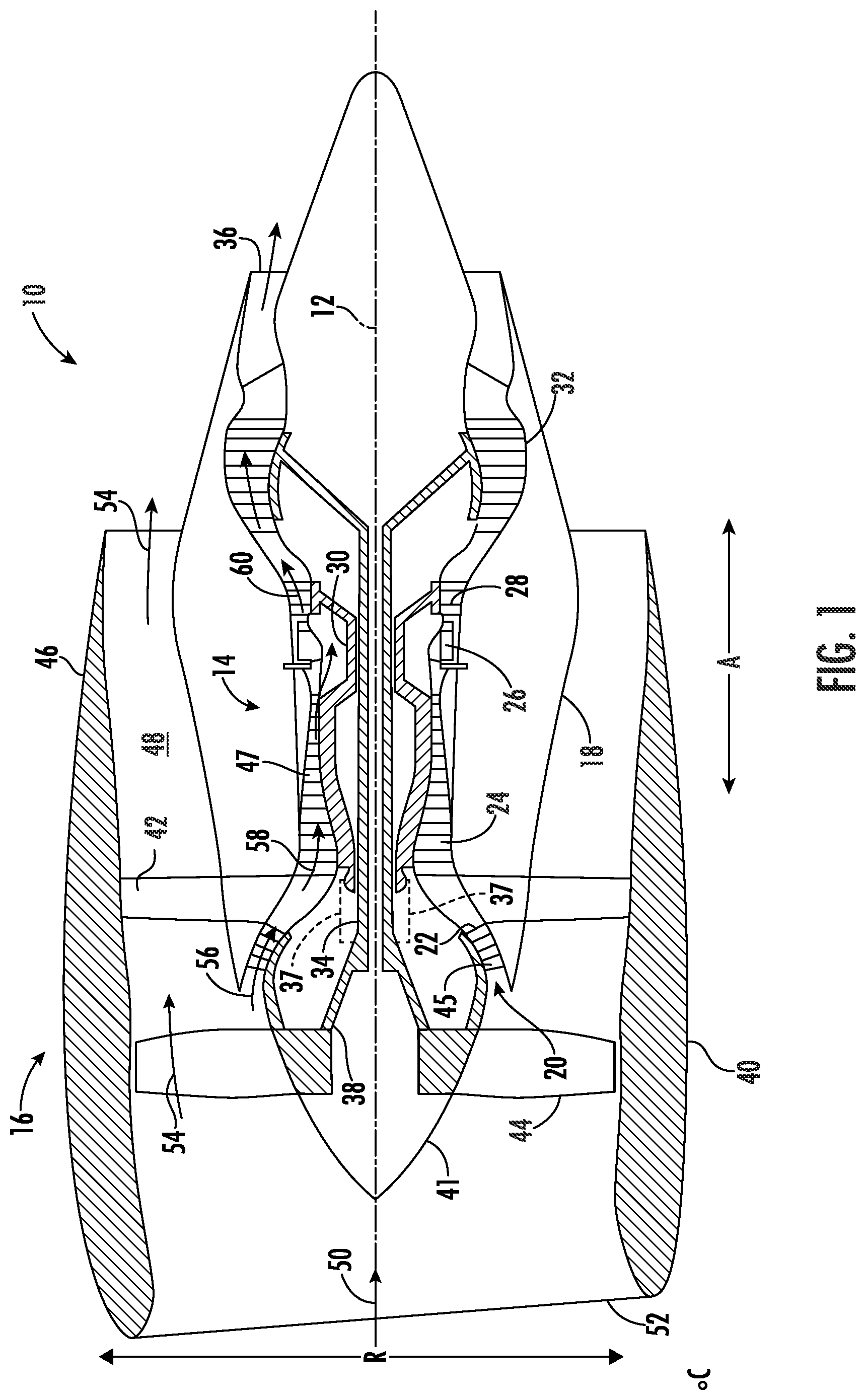 Patent US12092034 Figure 1 – Circumferentially varying fan casing treatments for reducing fan noise effects