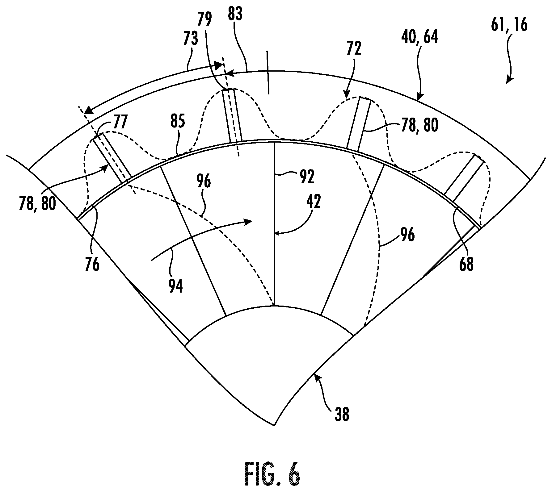 Patent US12092034 Figure 7 – Circumferentially varying fan casing treatments for reducing fan noise effects
