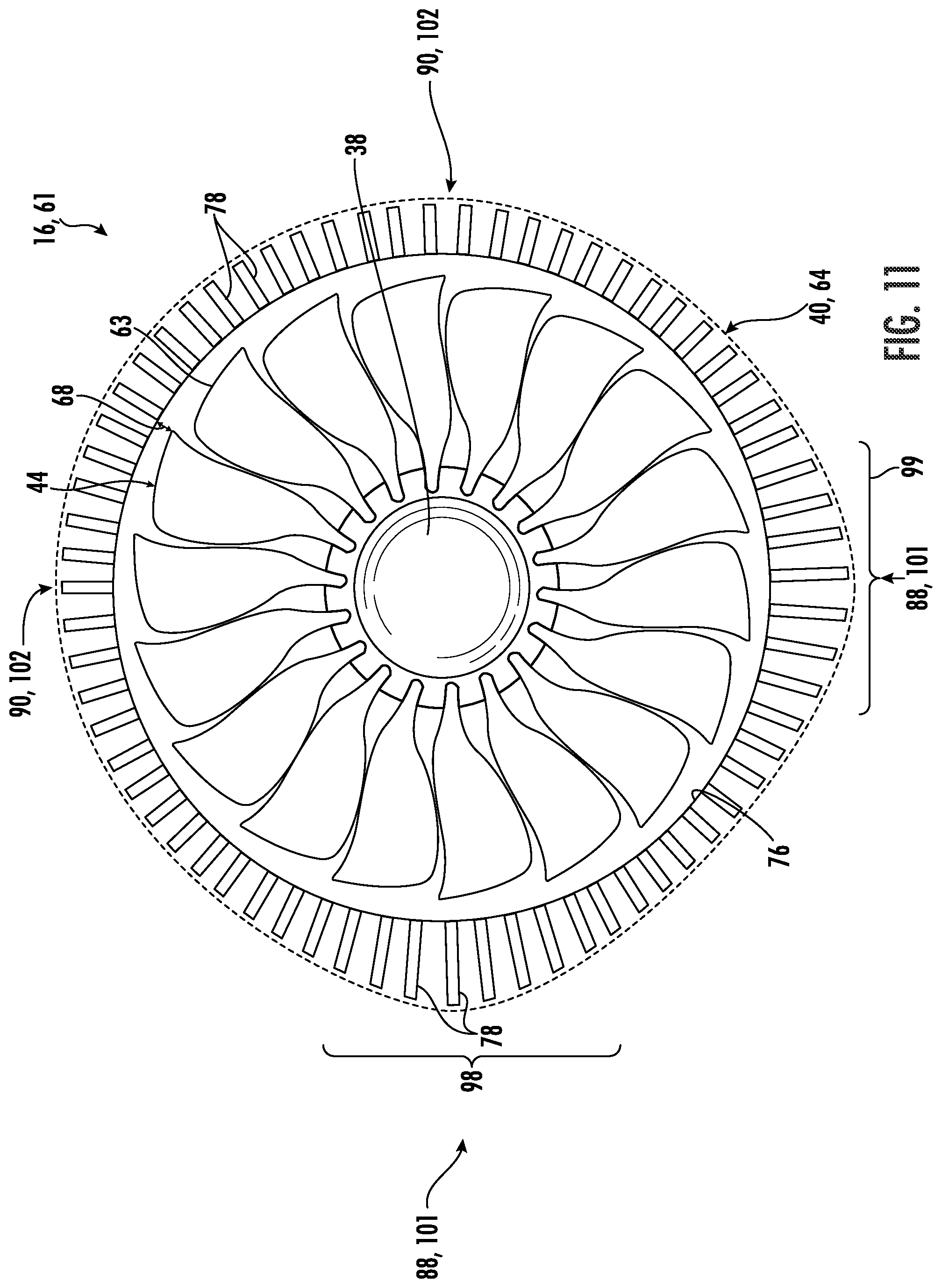 Patent US12092034 Figure 14 – Circumferentially varying fan casing treatments for reducing fan noise effects