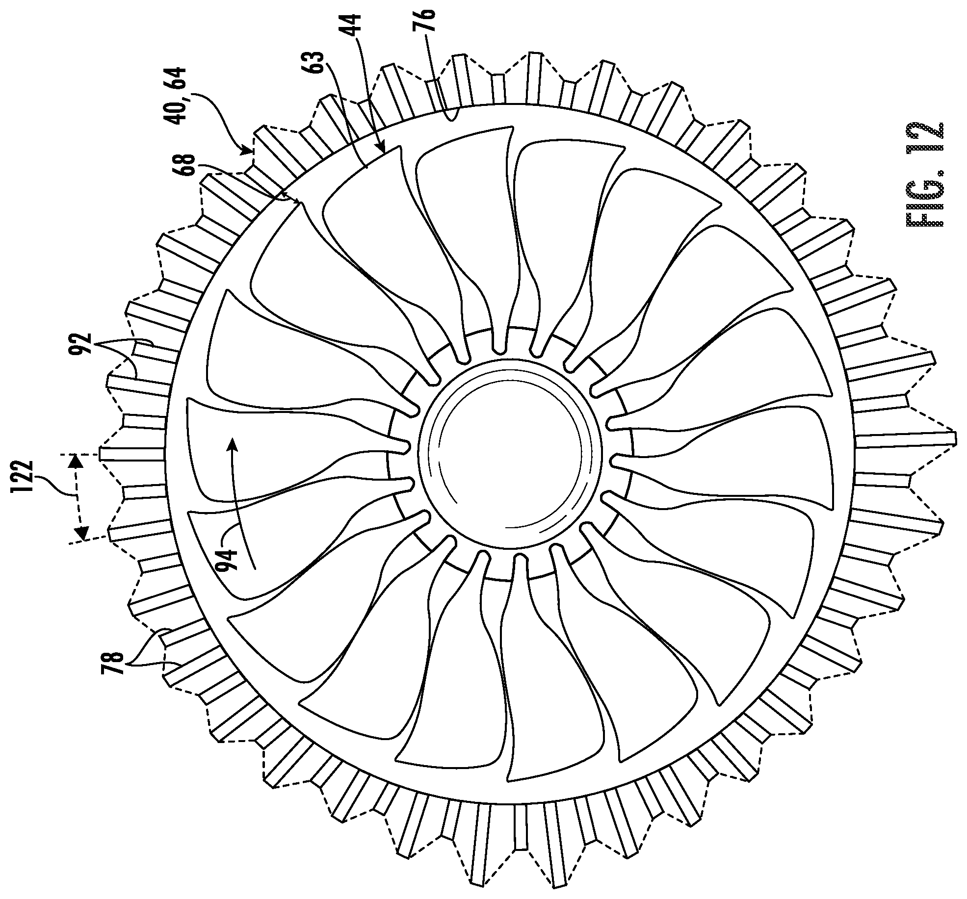 Patent US12092034 Figure 15 – Circumferentially varying fan casing treatments for reducing fan noise effects