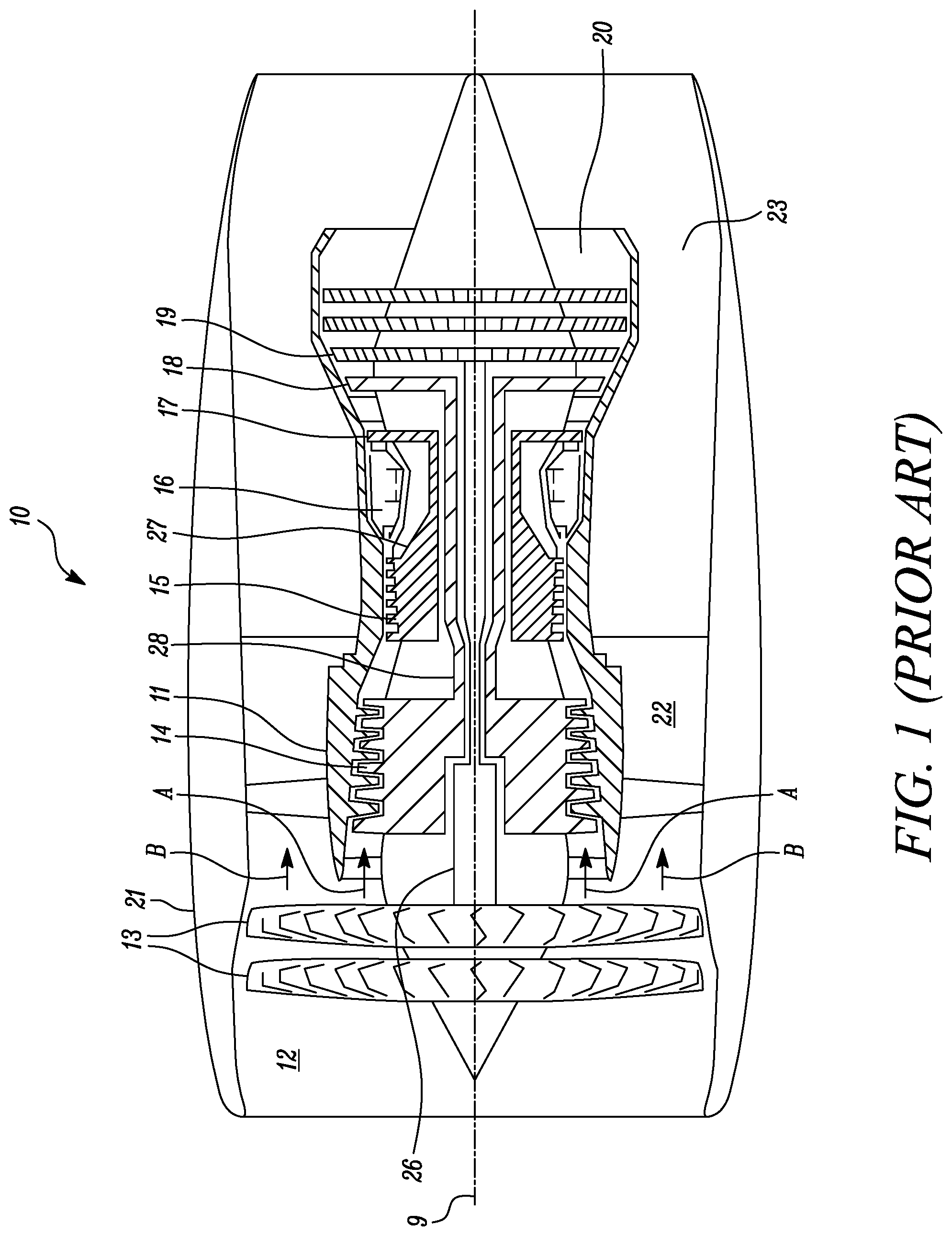 Patent US12092037 Figure 1 – Gas turbine engine with electric machines
