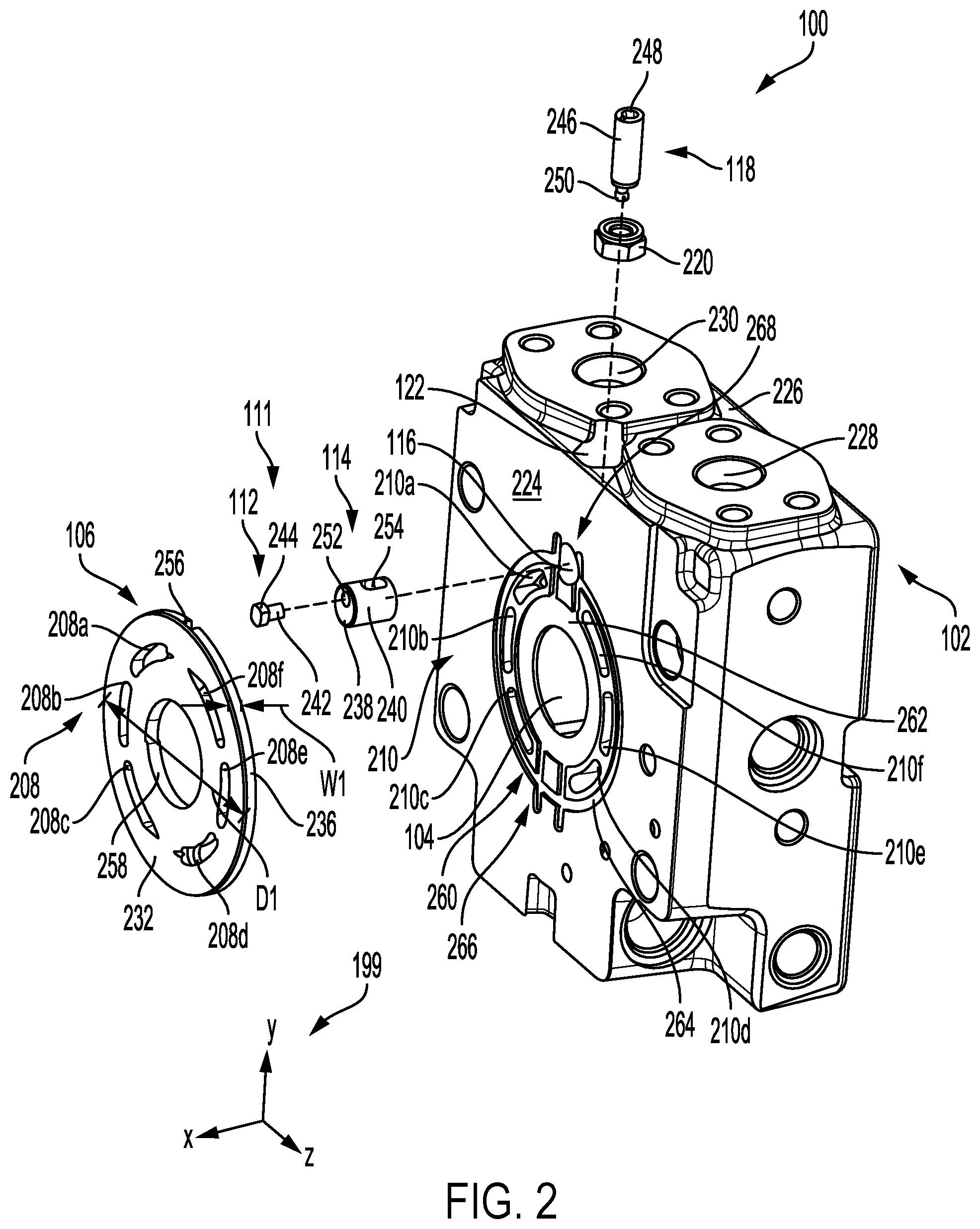 Patent US12092070 Figure 2 – Adjustable distribution plate for an axial piston assembly