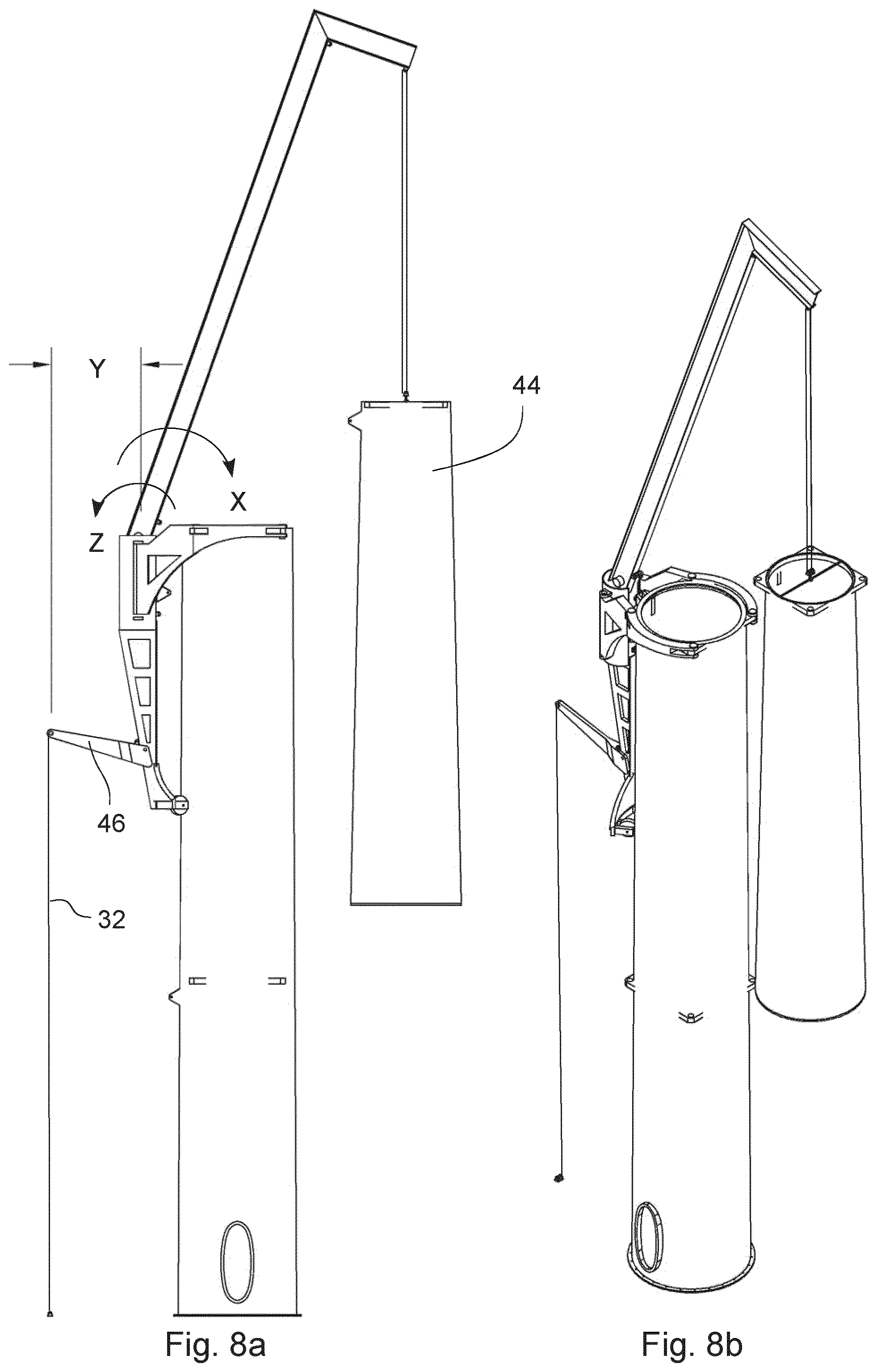 Patent US12092073 Figure 8 – Wind turbine tower with crane connection elements and a crane with tower flange connection elements