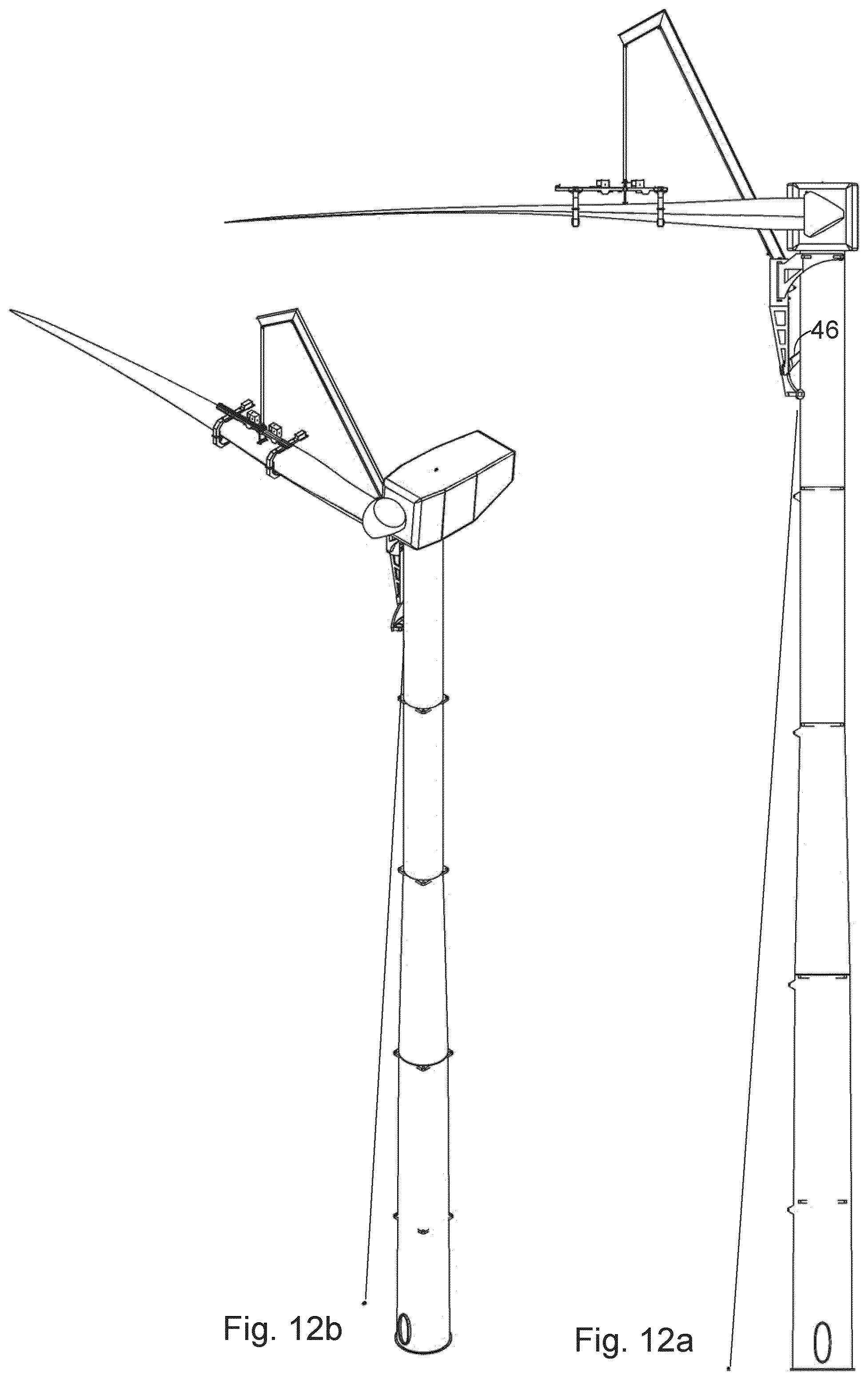 Patent US12092073 Figure 12 – Wind turbine tower with crane connection elements and a crane with tower flange connection elements