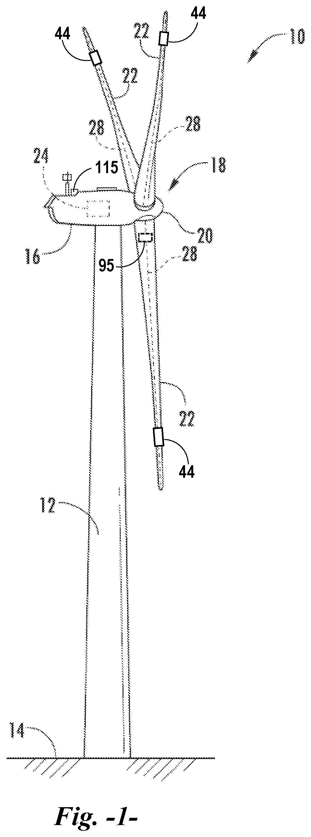 Patent US12092082 Figure 1 – System and method for use of an automatically tunable spring mass damper to reduce vibrations in wind turbine blades