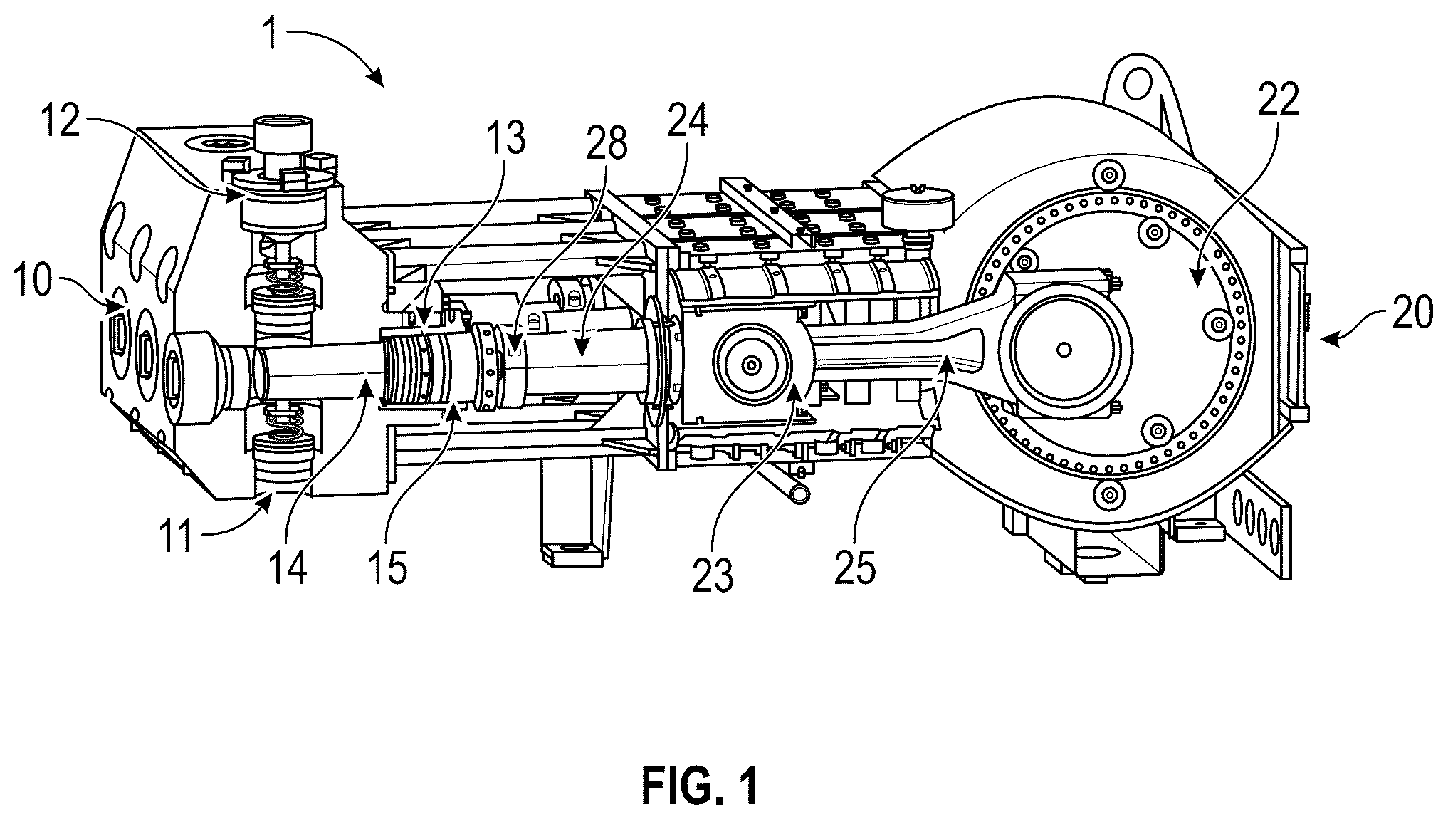 Patent US12092101 Figure 1 – System and method of using power of pump to replace packing bores or other components from a fluid end