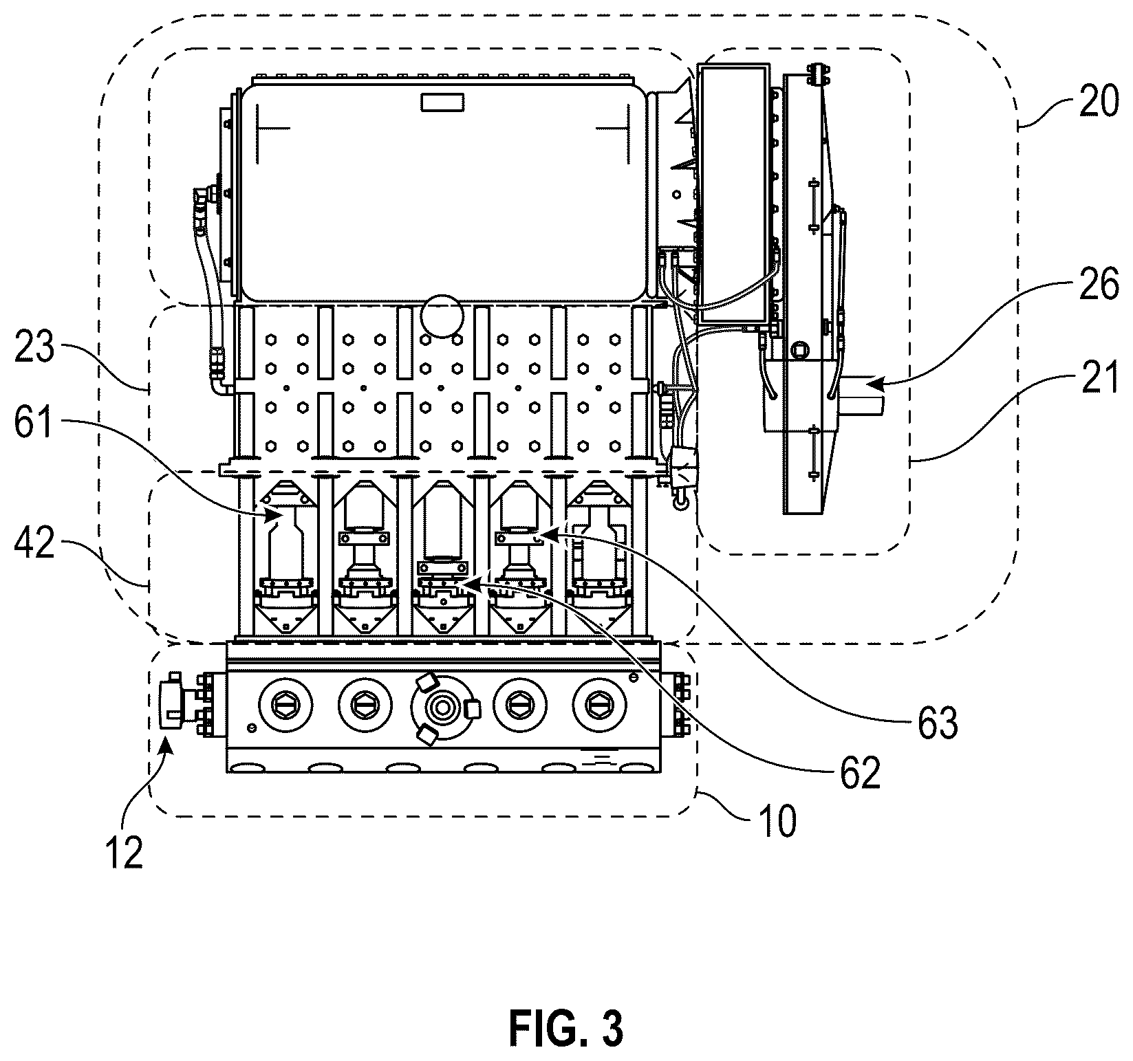 Patent US12092101 Figure 3 – System and method of using power of pump to replace packing bores or other components from a fluid end