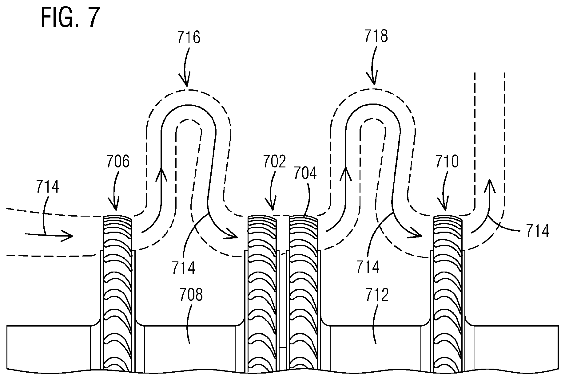 Patent US12092118 Figure 6 – Multi-stage compressor assembly having rows of blades arranged to rotate in counter-opposite rotational directions