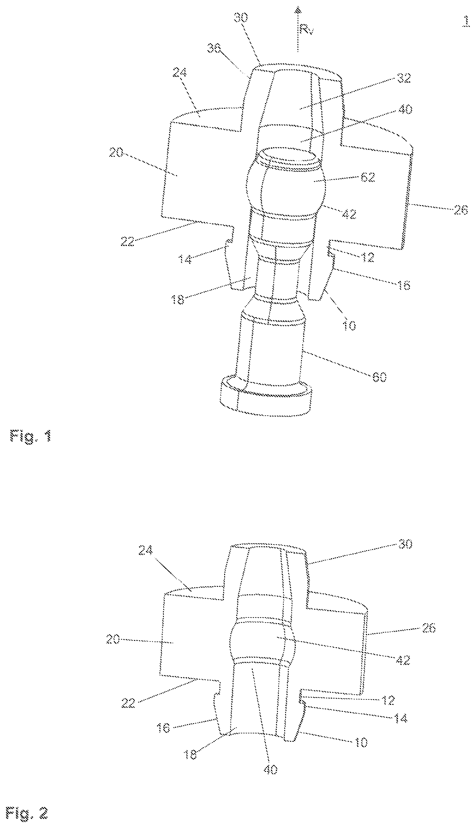 Patent US12092149 Figure 1 – Resilient connecting block, connecting pin therefor, and a connection between two components via the resilient connecting block