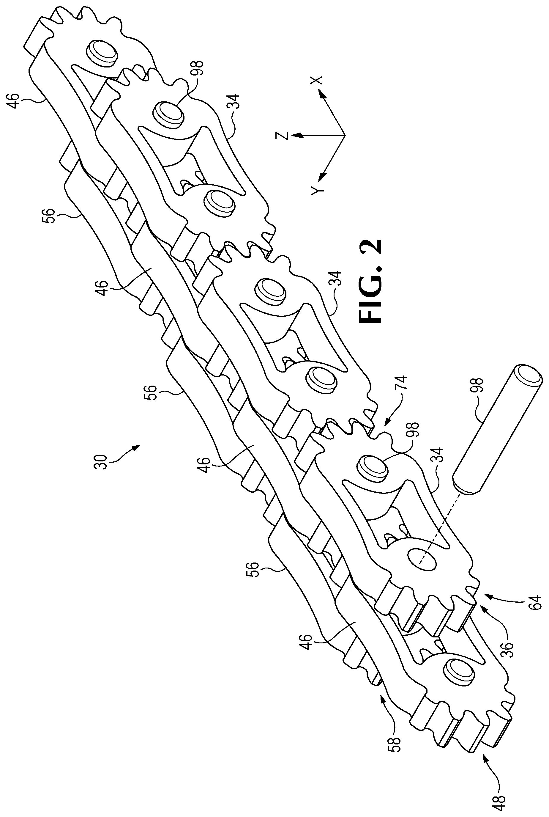 Patent US12092151 Figure 2 – Multi-pivot timing chain with link flexures