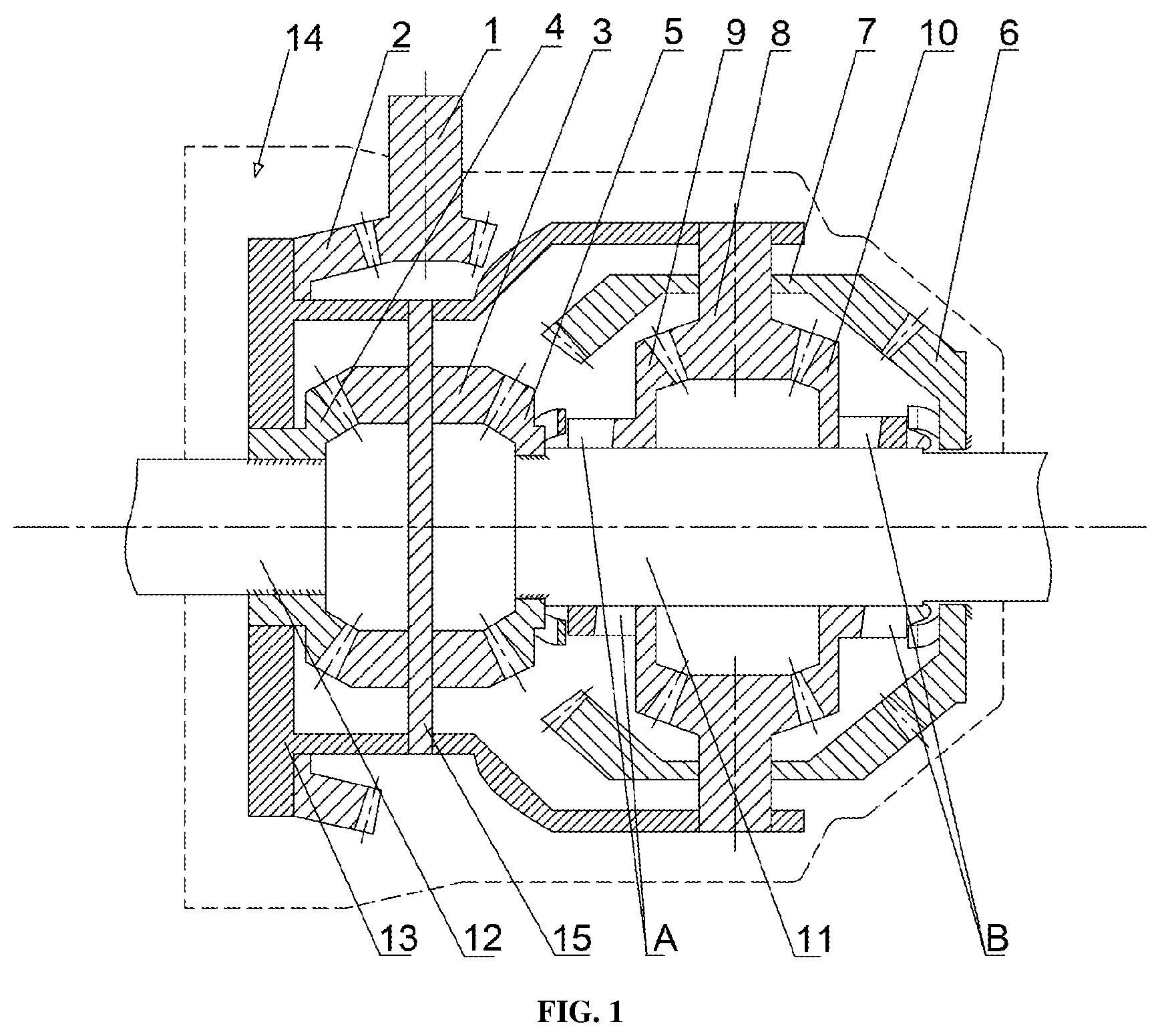 Patent US12092193 Figure 1 – Planetary bevel gear automatic limited slip differential